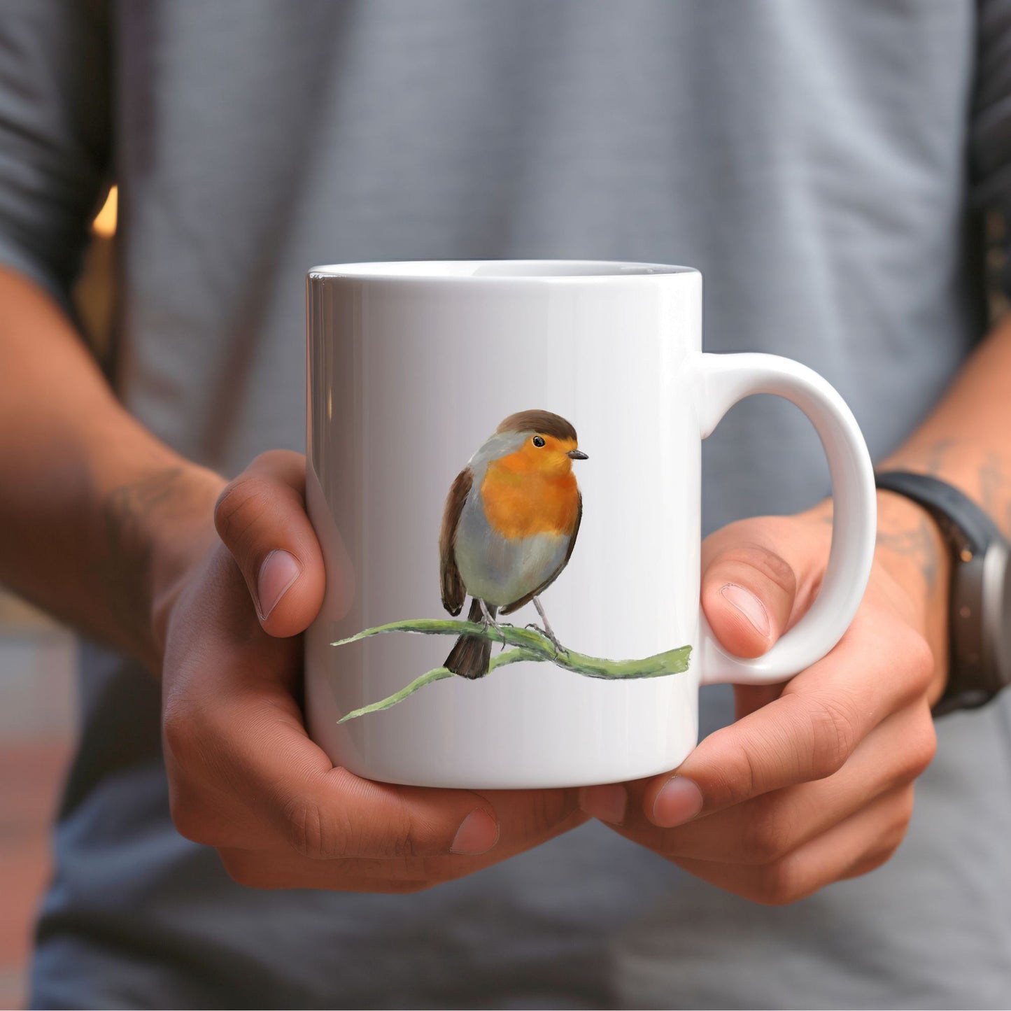 European Robin Mug with Hand - Illustrated Design - MerikaArt