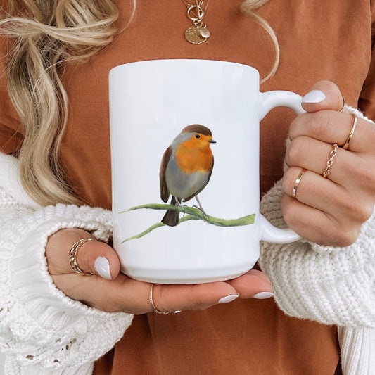 European Robin Mug with Hand - Illustrated Design - MerikaArt