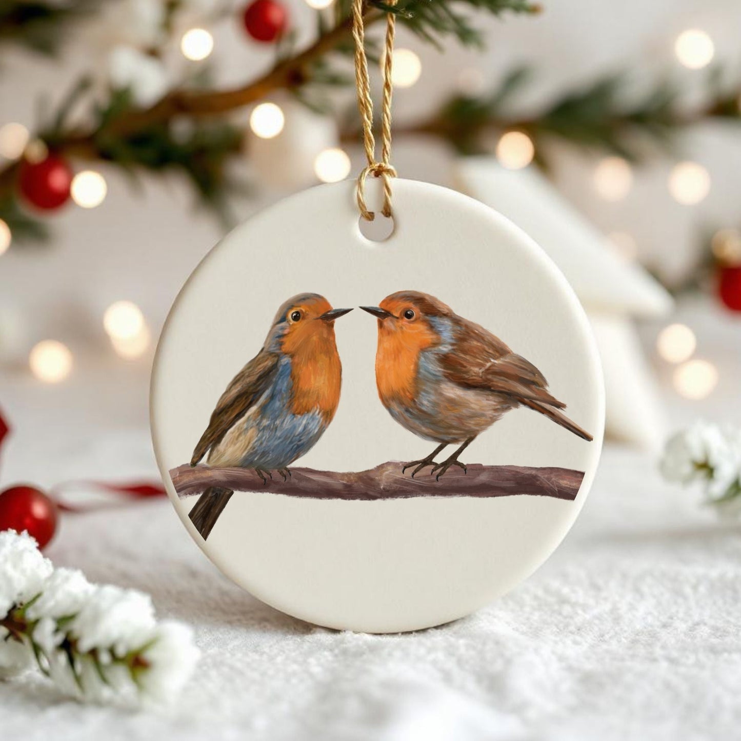 European Robin Pair Ceramic Ornament - MerikaArt