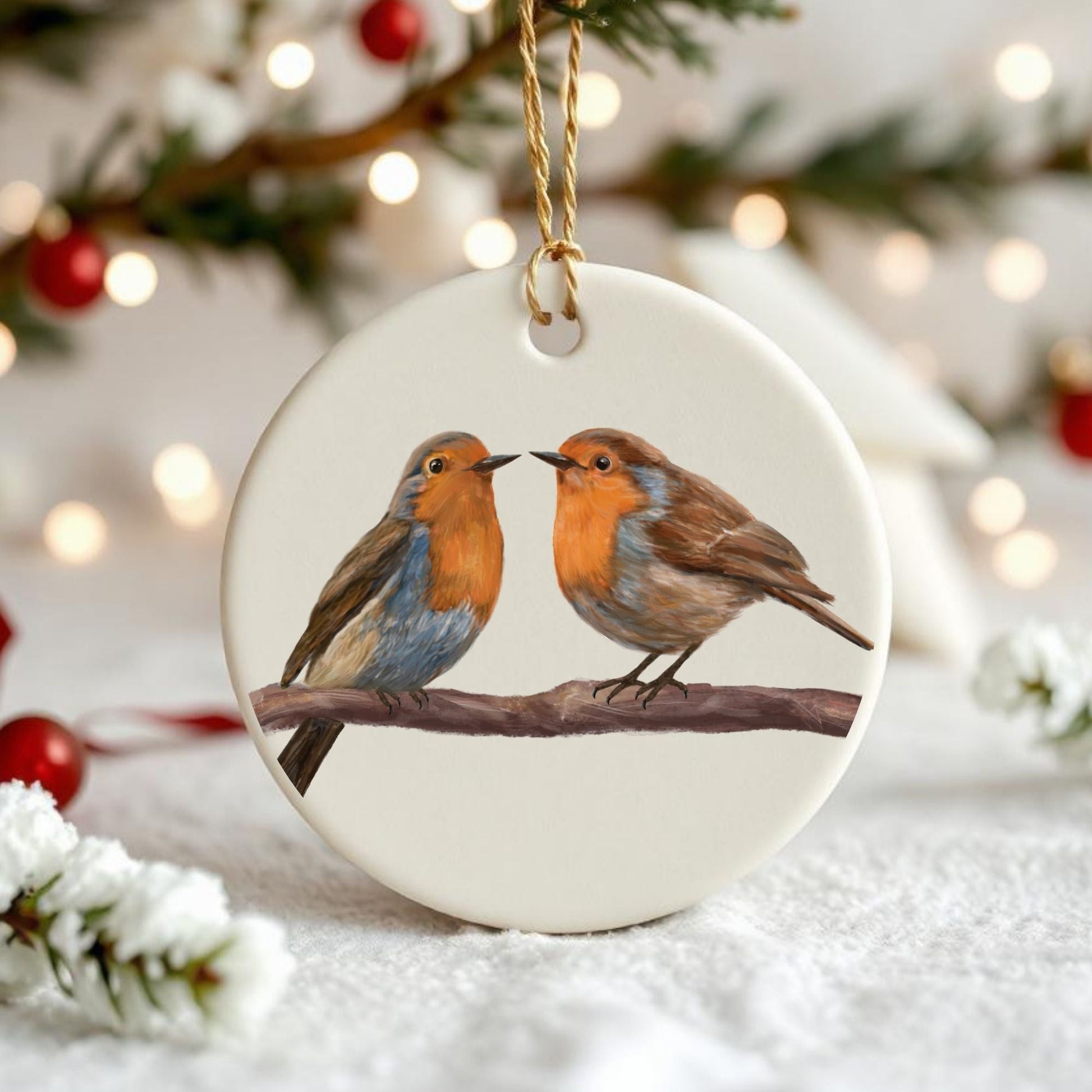 European Robin Pair Ceramic Ornament - MerikaArt