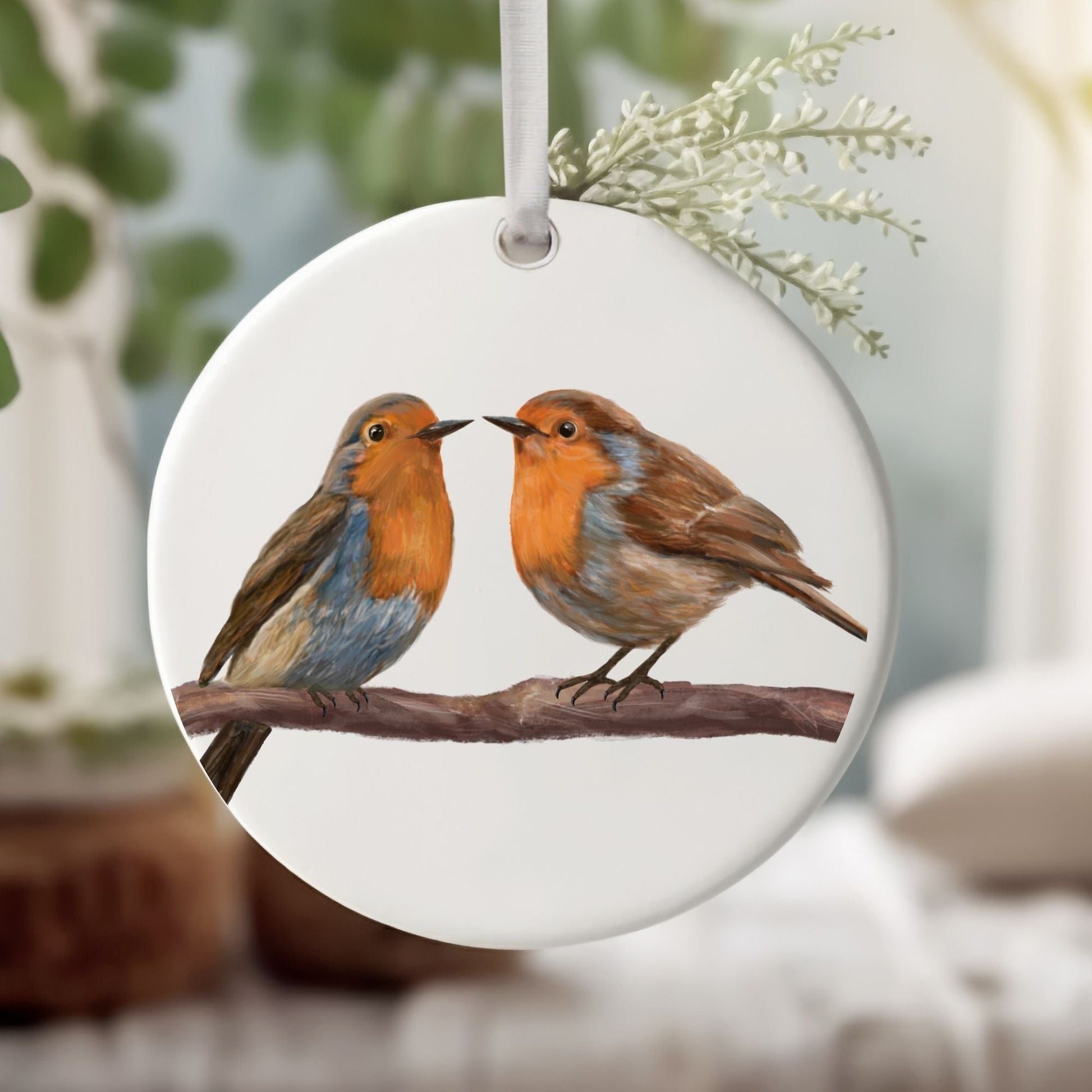 European Robin Pair Ceramic Ornament - MerikaArt