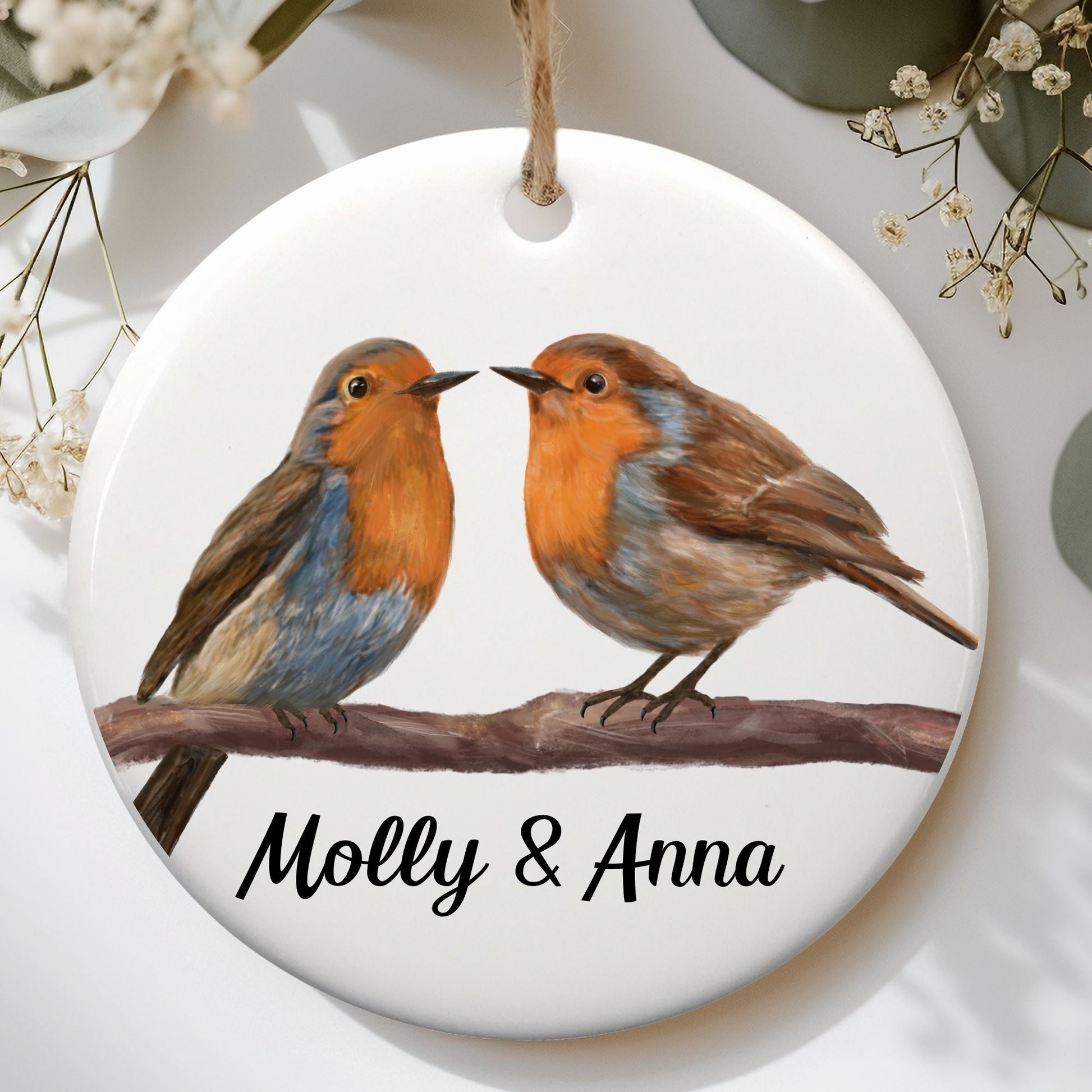 European Robin Pair Ceramic Ornament - MerikaArt