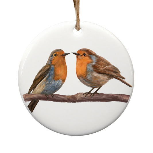 European Robin Pair Ceramic Ornament - MerikaArt