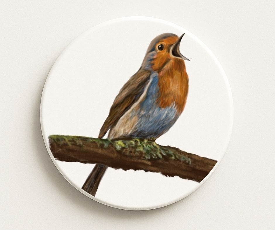 European Robin Singing on Branch Ceramic Coaster - MerikaArt