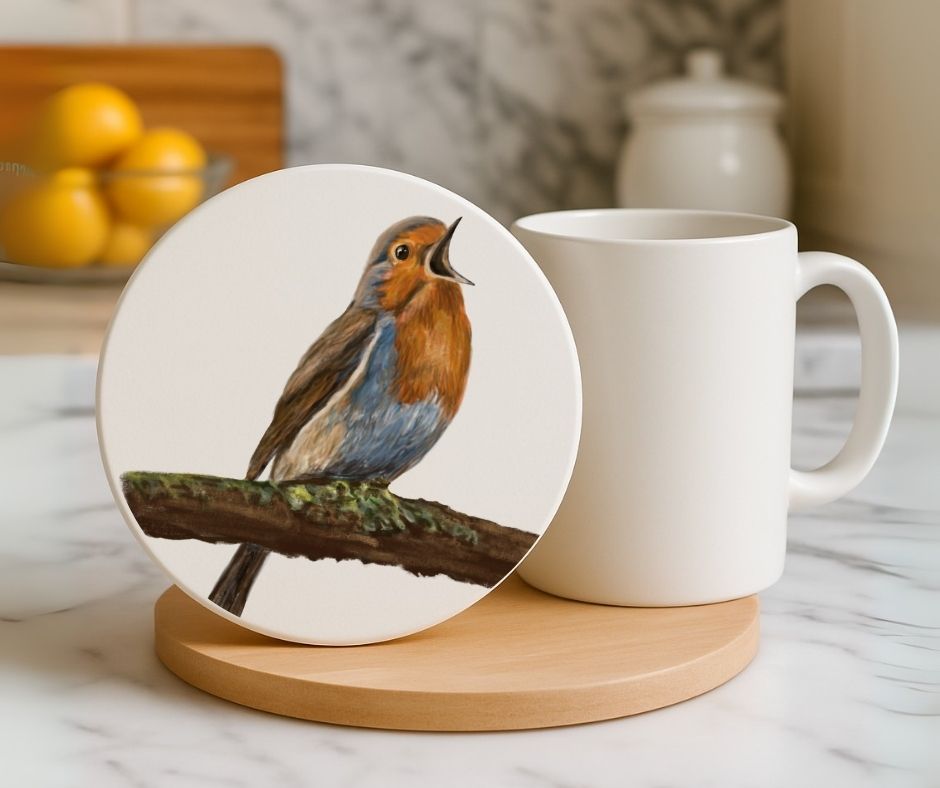 European Robin Singing on Branch Ceramic Coaster - MerikaArt