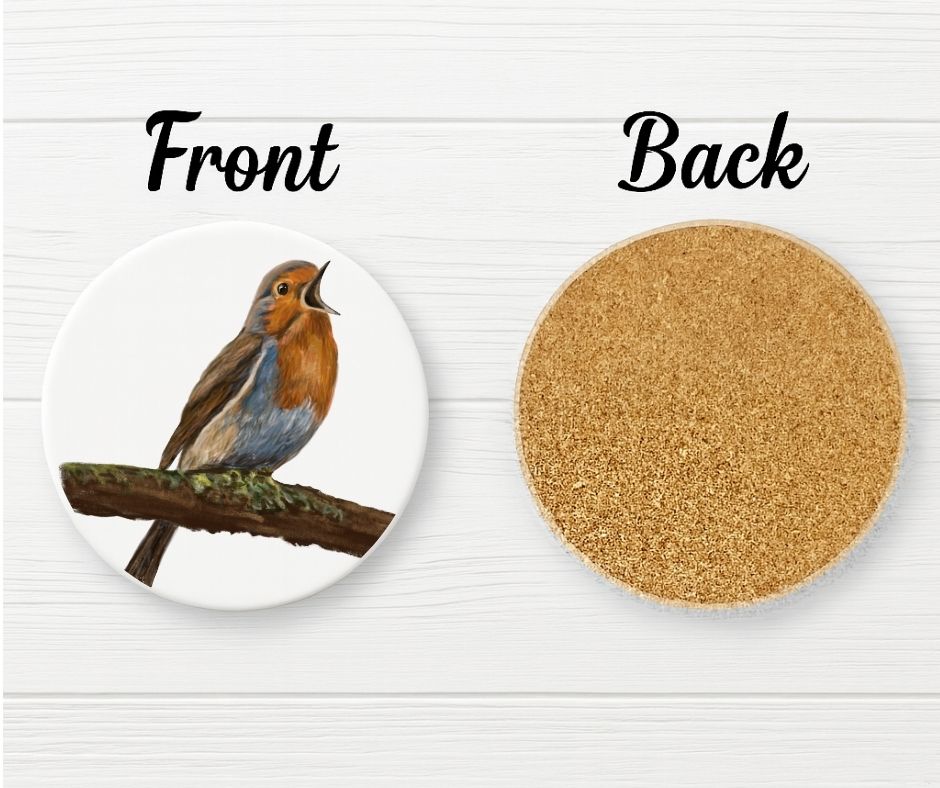 European Robin Singing on Branch Ceramic Coaster - MerikaArt