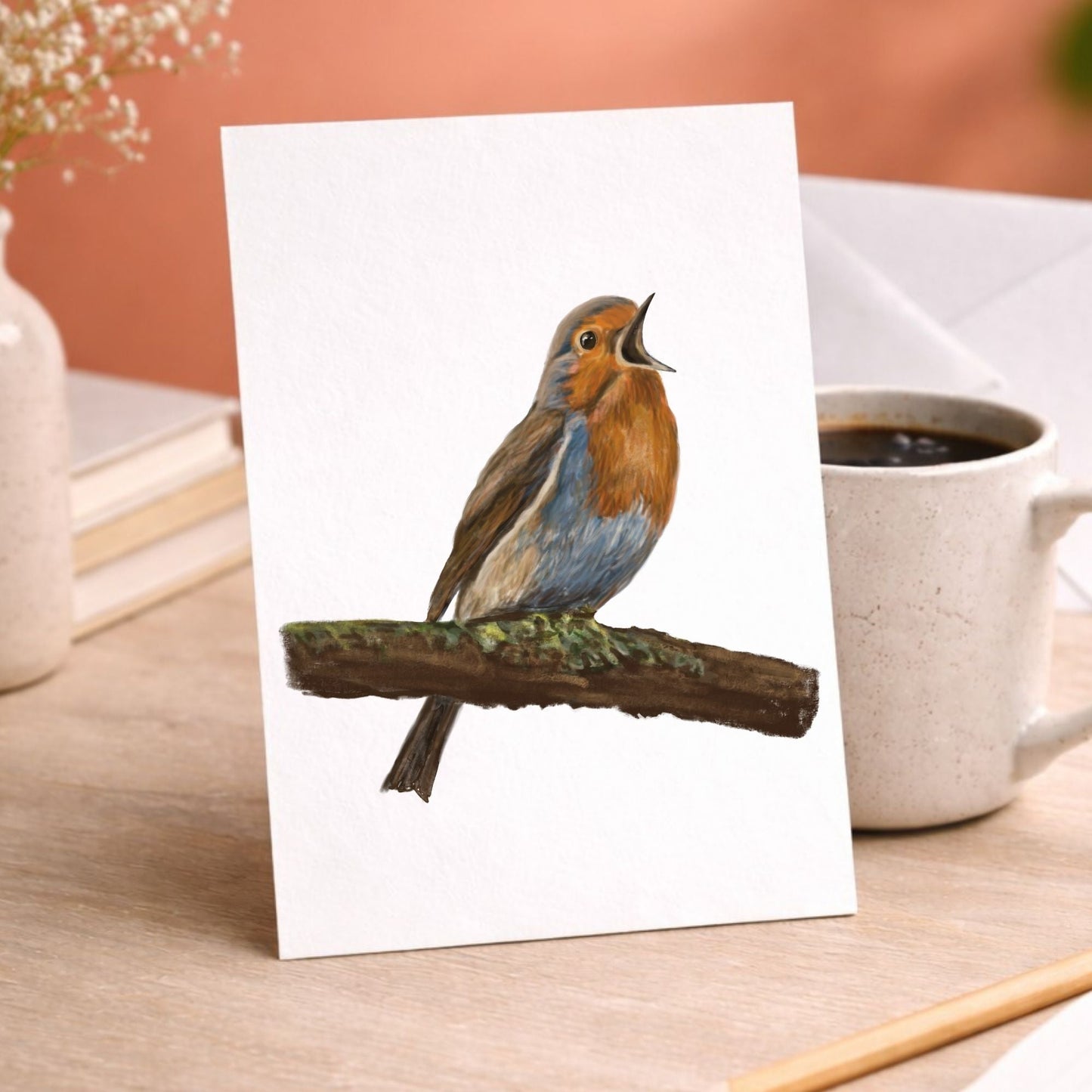 European Robin Singing Postcard - MerikaArt