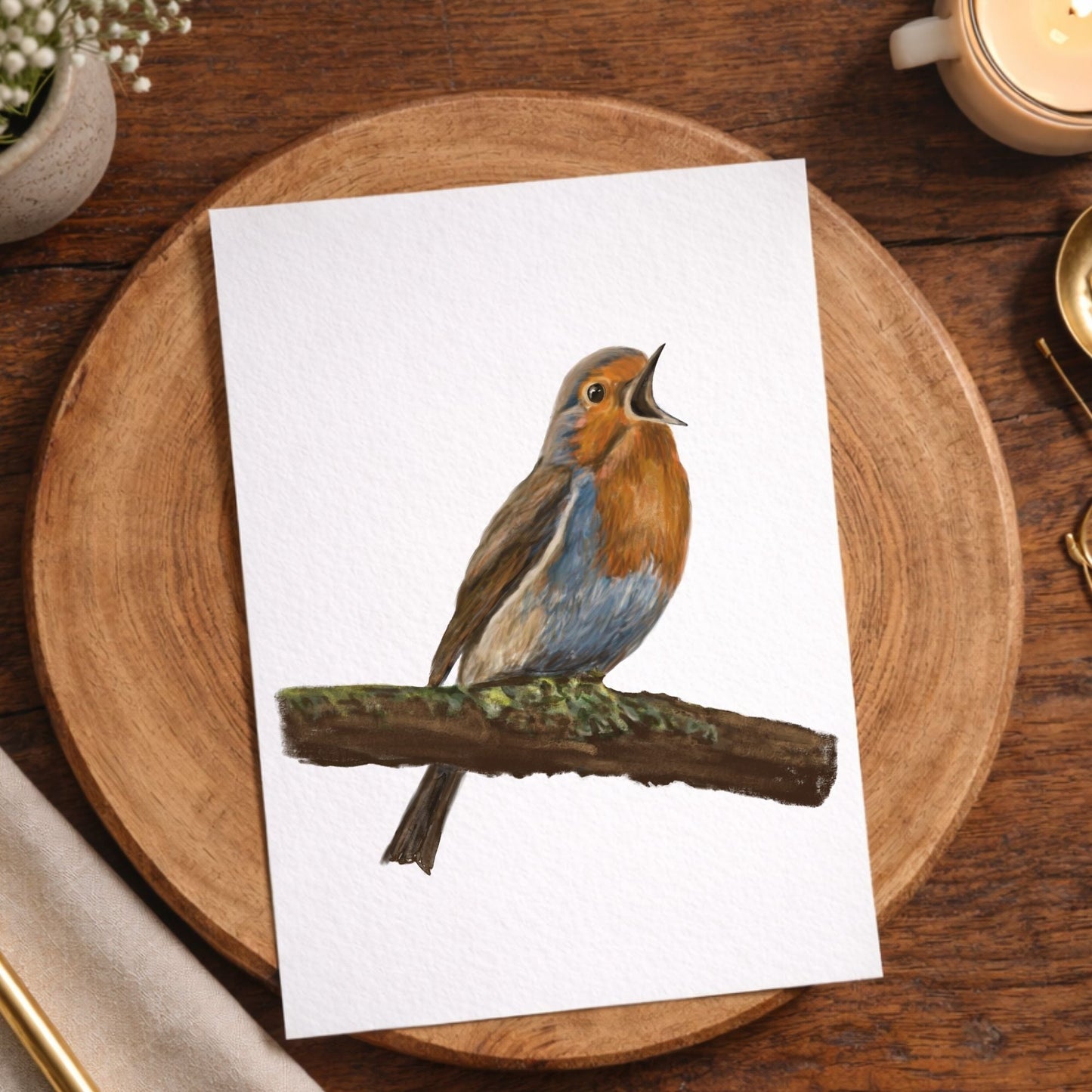European Robin Singing Postcard - MerikaArt