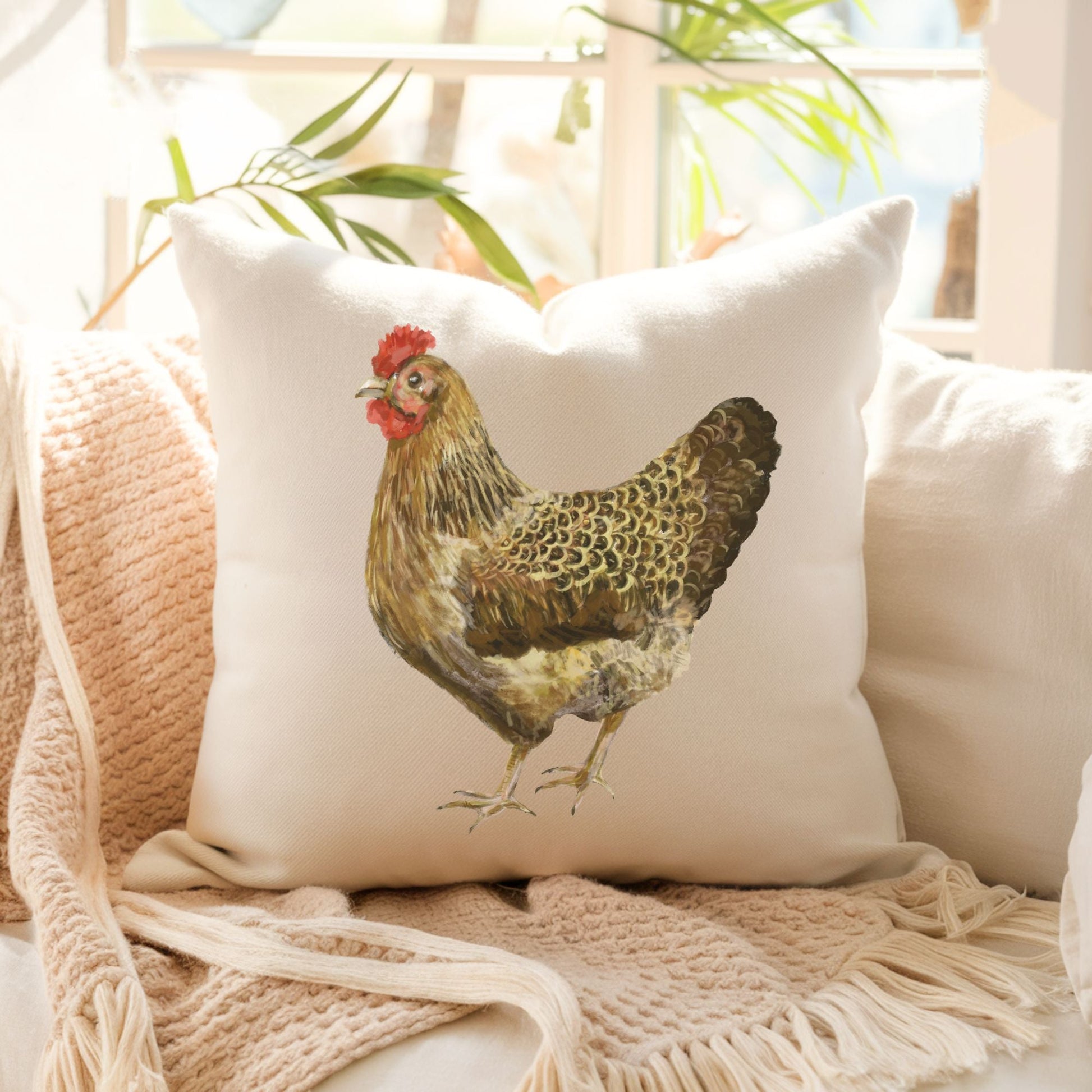 Farmhouse Hen Pillow - Rustic Nature Inspired Home Decor - MerikaArt