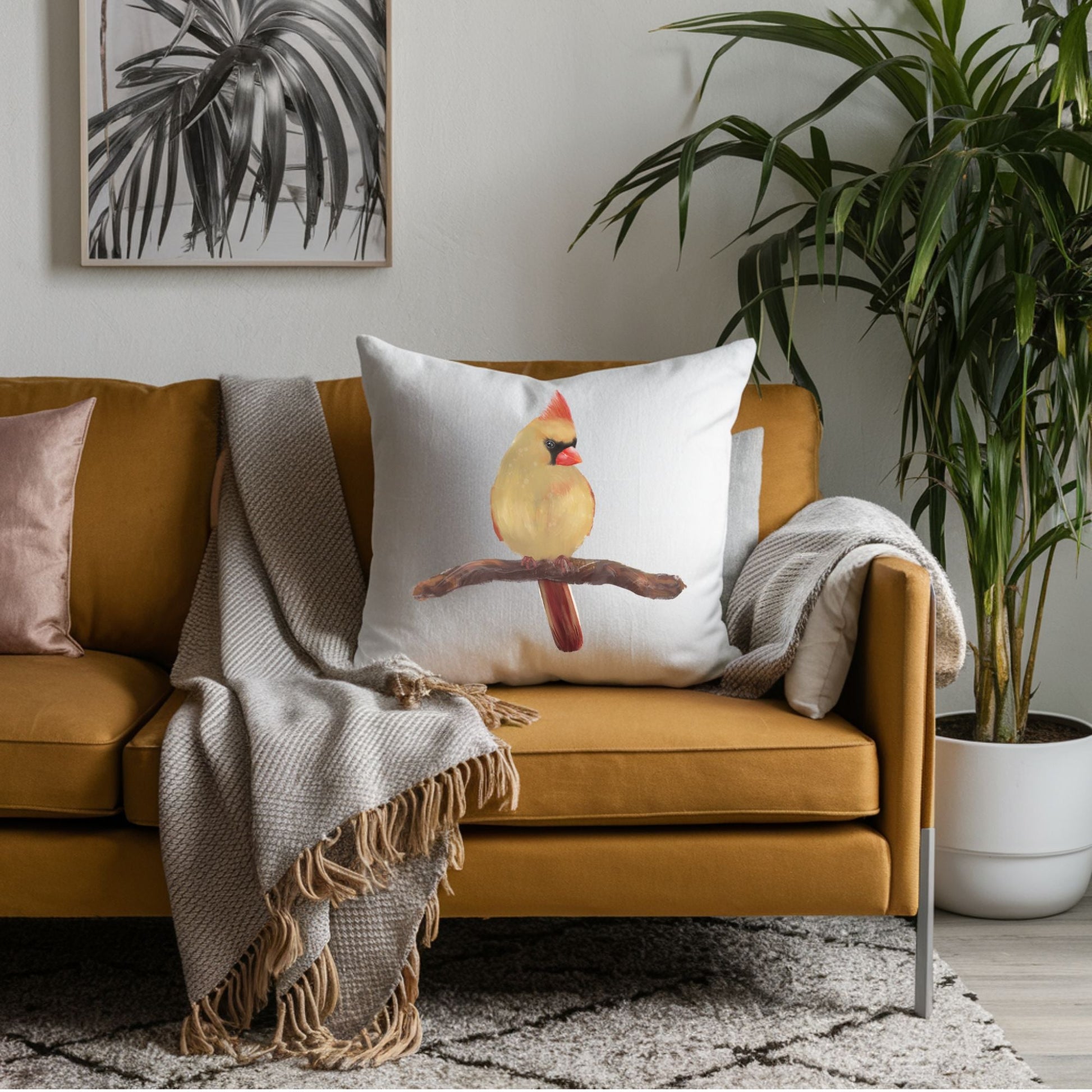 Female Cardinal Bird Pillow - MerikaArt