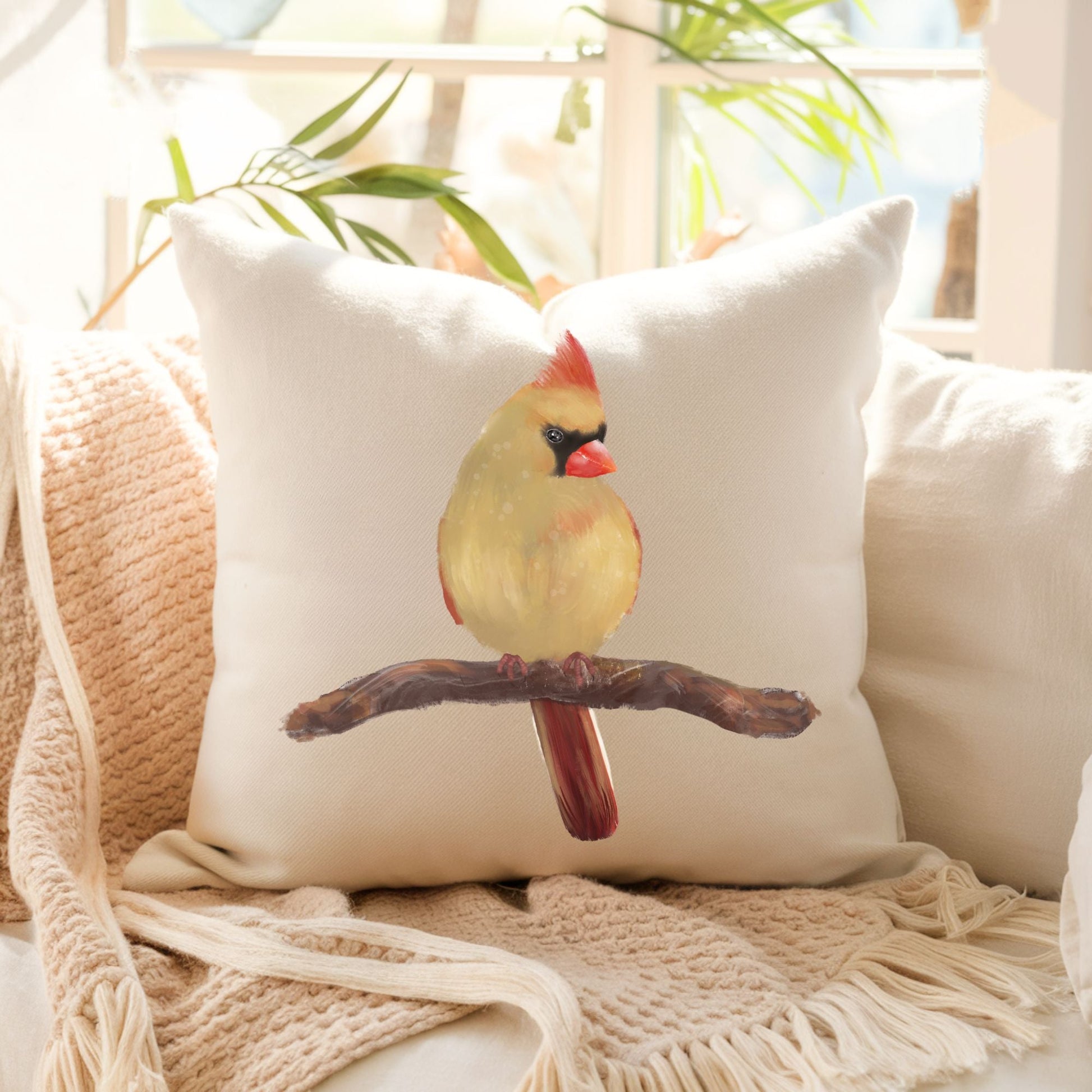 Female Cardinal Bird Pillow - MerikaArt