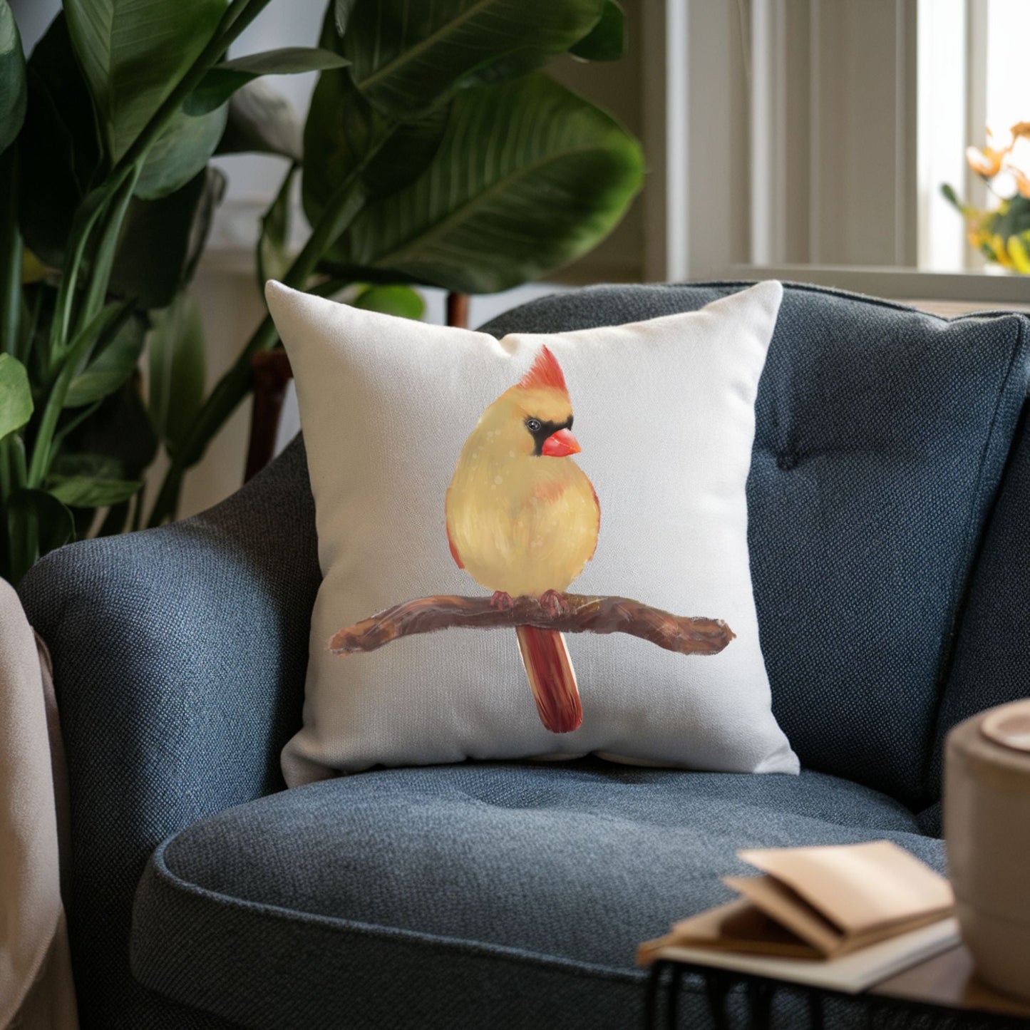 Female Cardinal Bird Pillow - MerikaArt