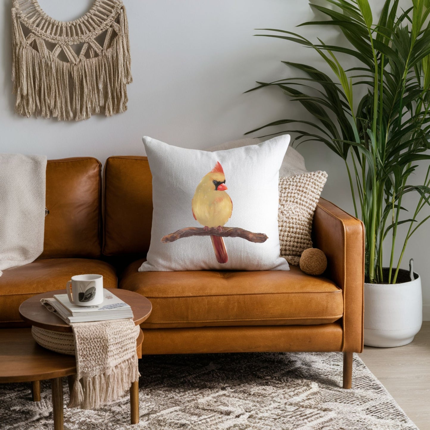 Female Cardinal Bird Pillow - MerikaArt