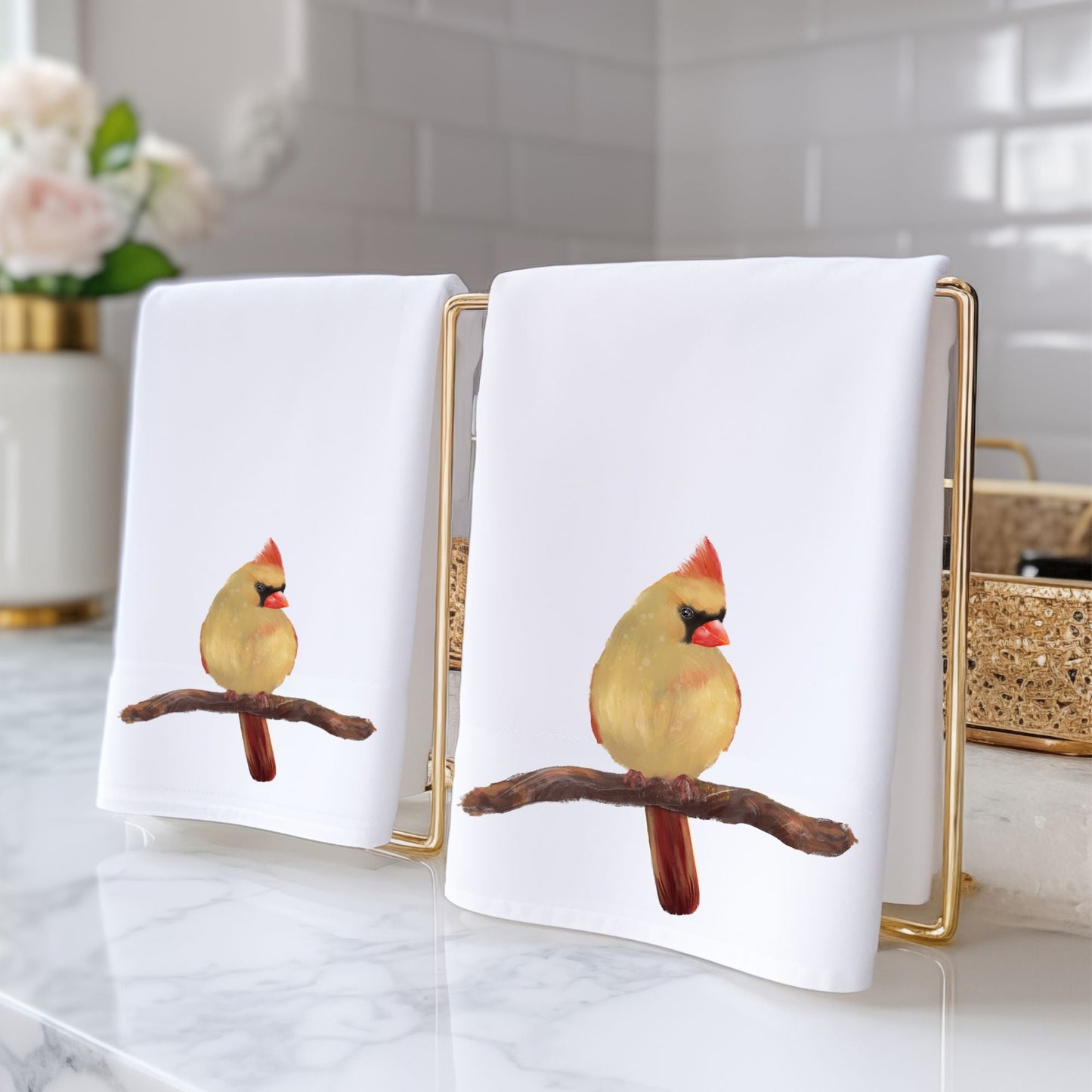 Female Northern Cardinal Bathroom Towel - MerikaArt