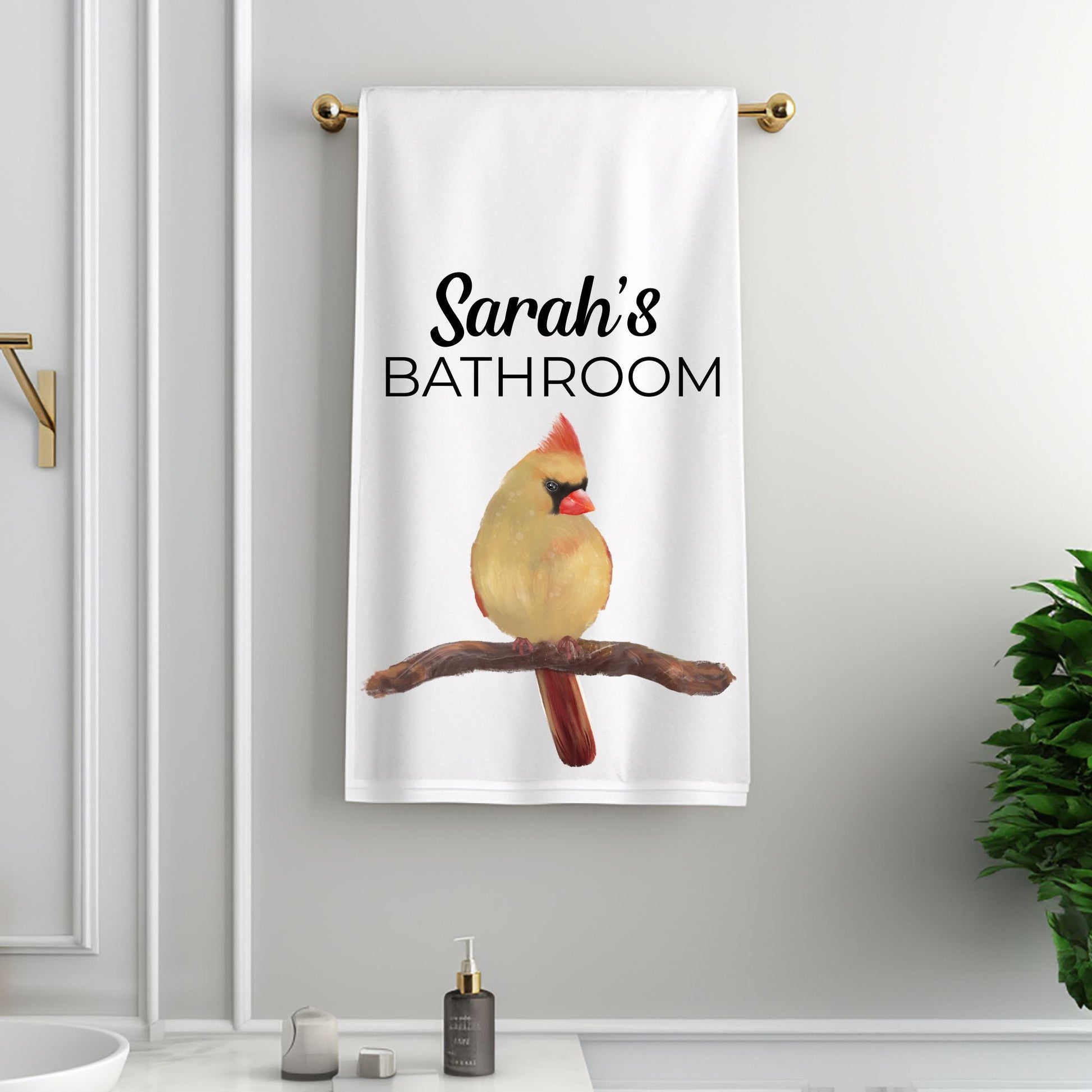 Female Northern Cardinal Bathroom Towel - MerikaArt