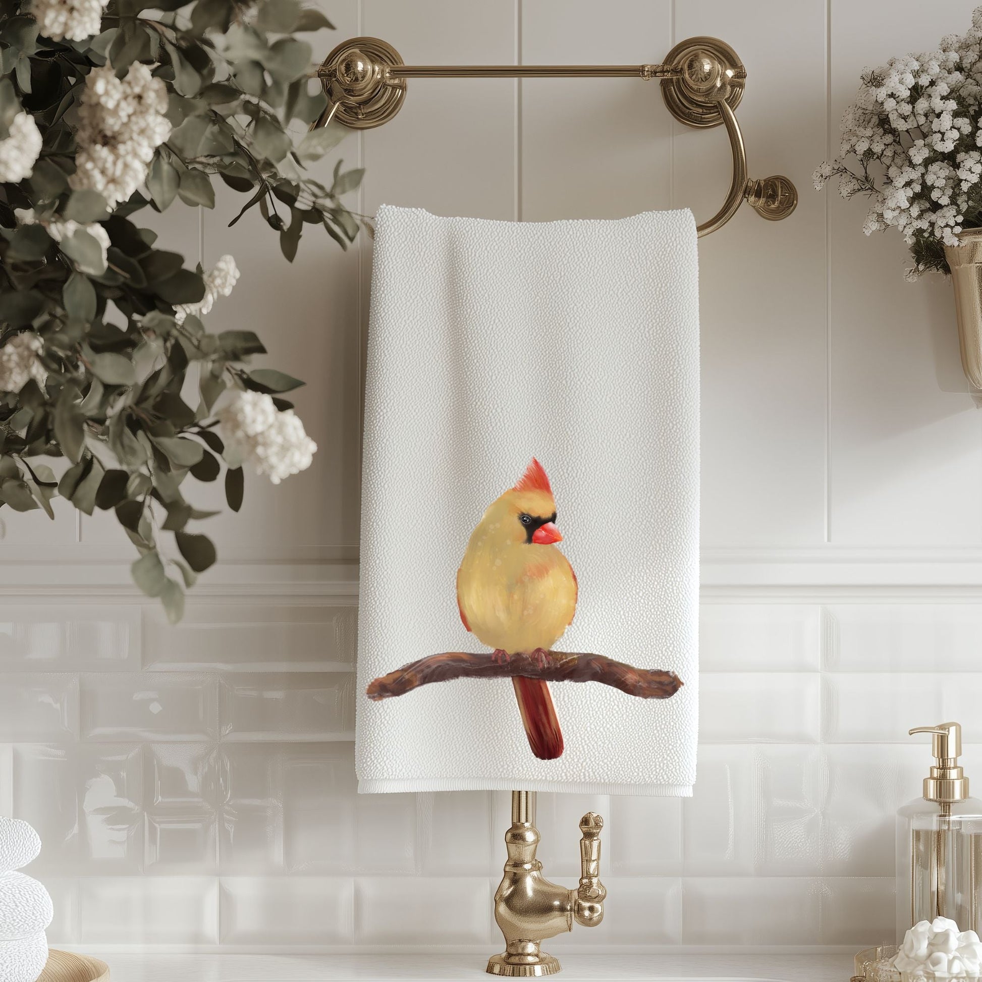 Female Northern Cardinal Bathroom Towel - MerikaArt