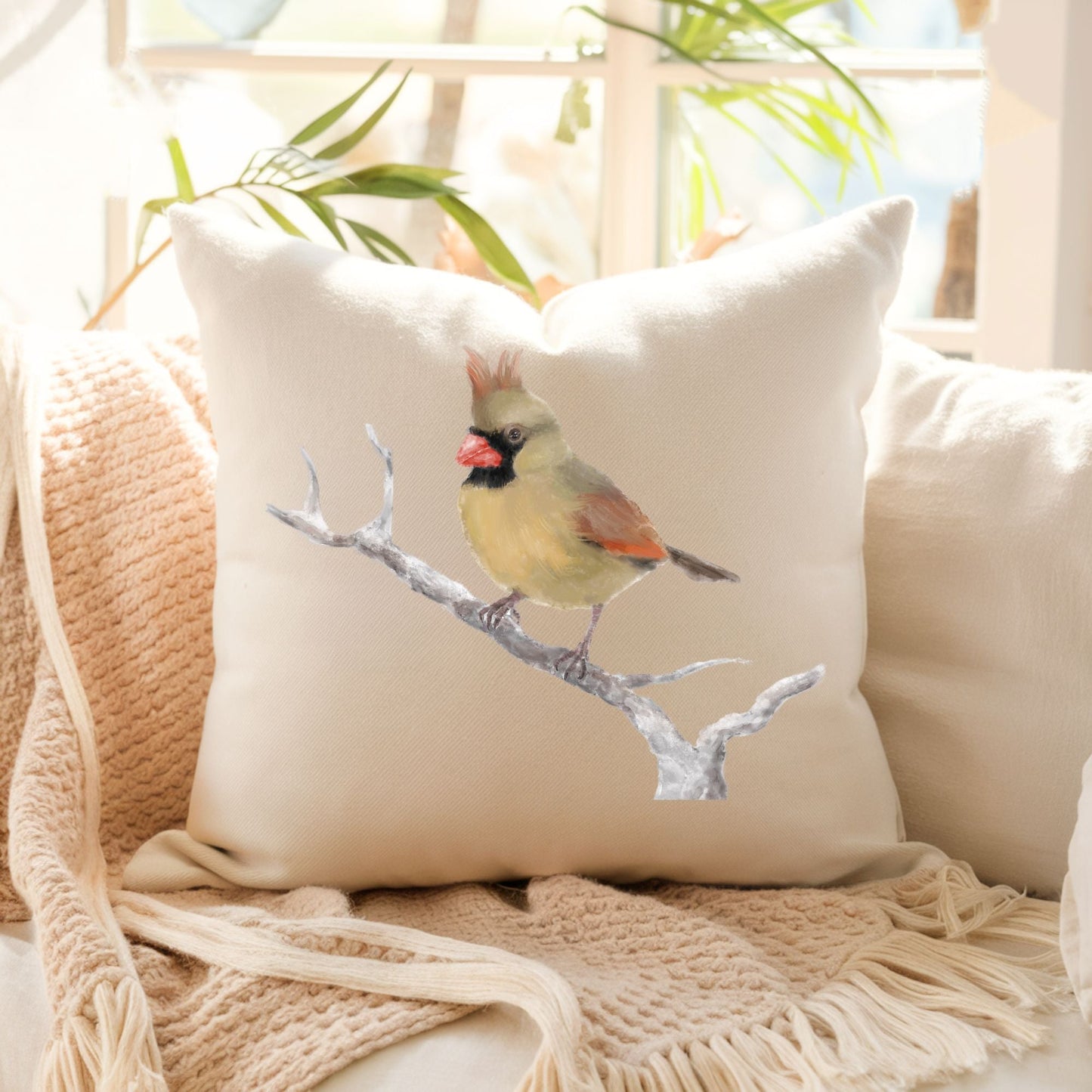 Female Northern Cardinal Bird Pillow - MerikaArt