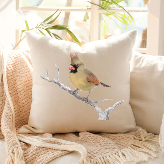 Female Northern Cardinal Bird Pillow - MerikaArt