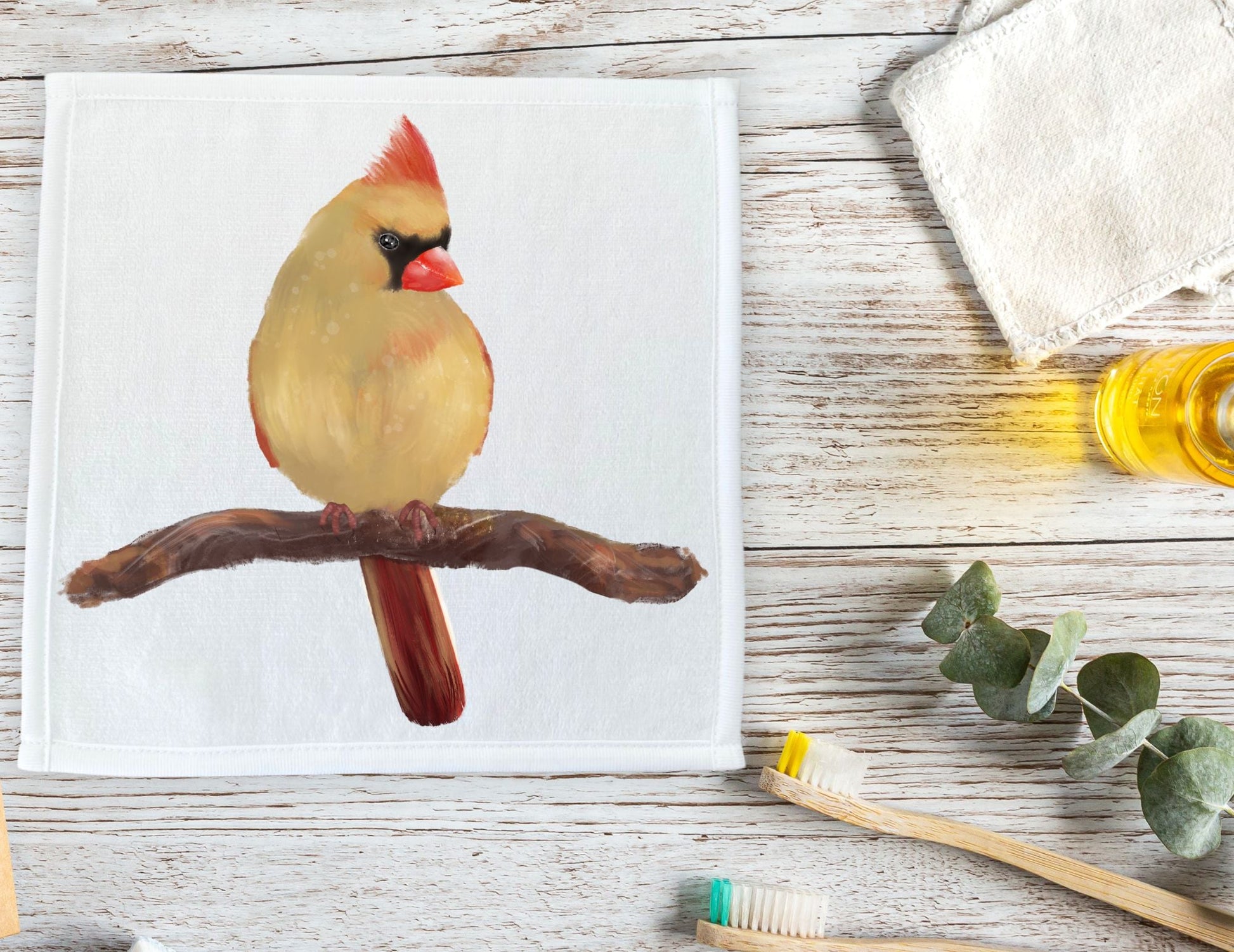 Female Northern Cardinal Bird Washcloth - MerikaArt