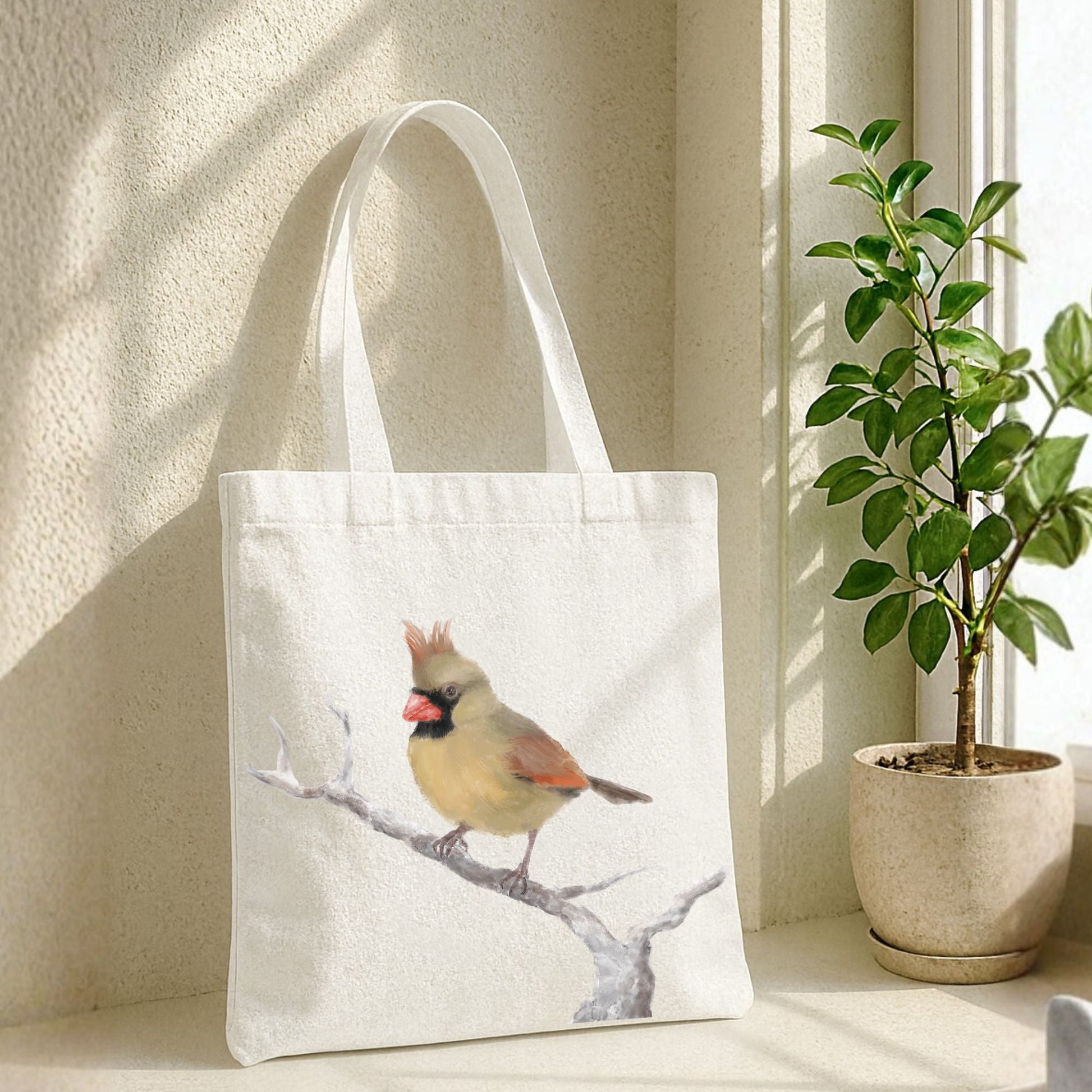 Female Northern Cardinal Canvas Tote Bag - MerikaArt