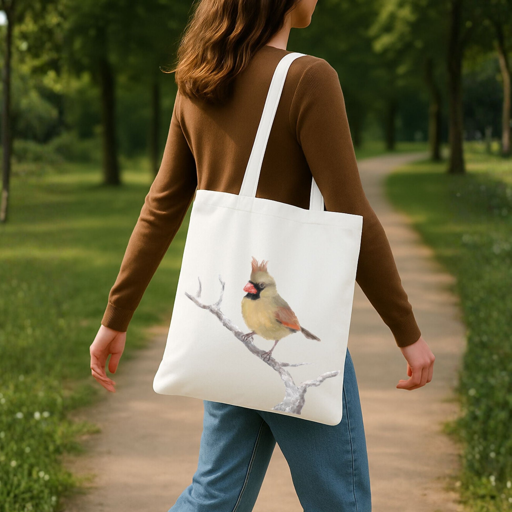 Female Northern Cardinal Canvas Tote Bag - MerikaArt