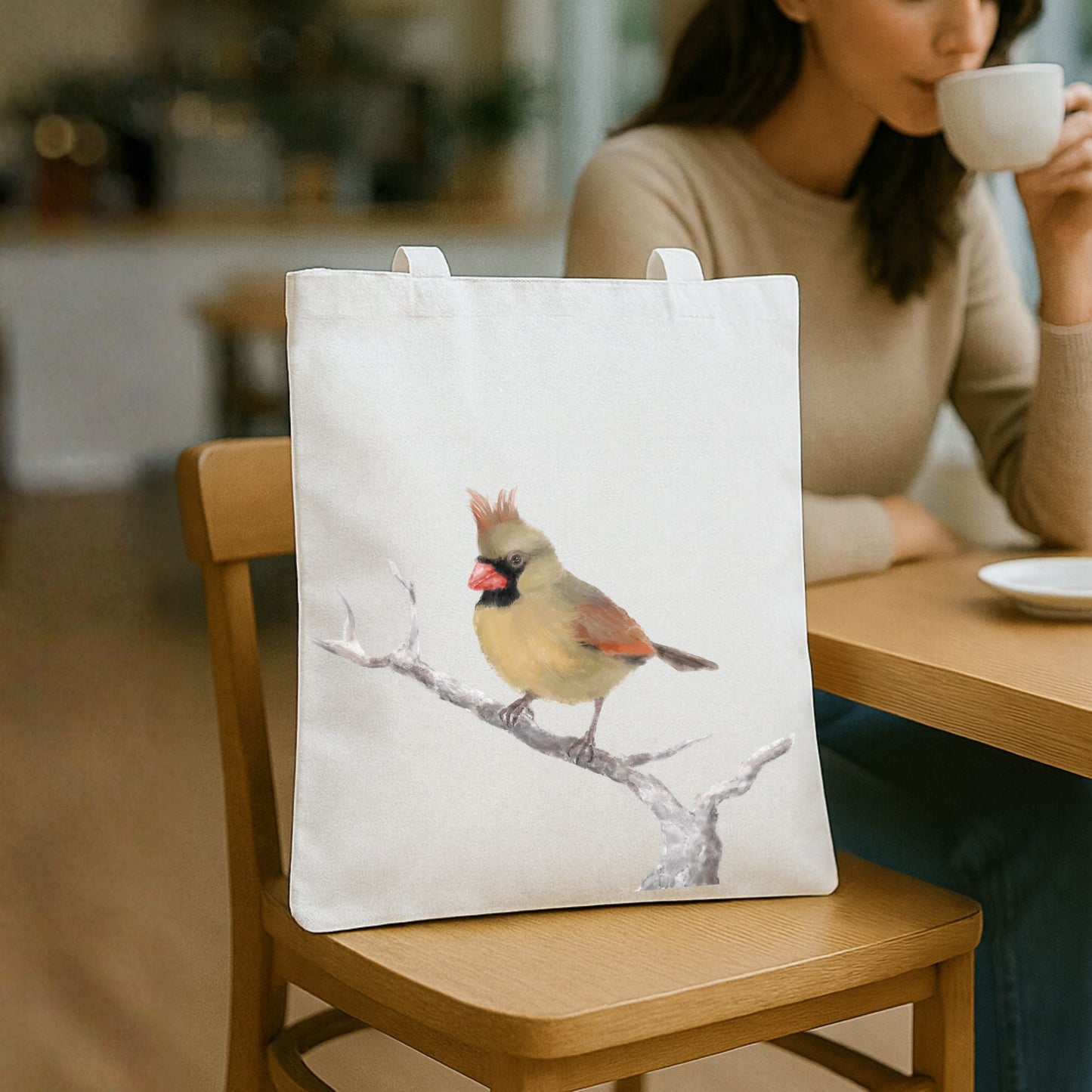 Female Northern Cardinal Canvas Tote Bag - MerikaArt