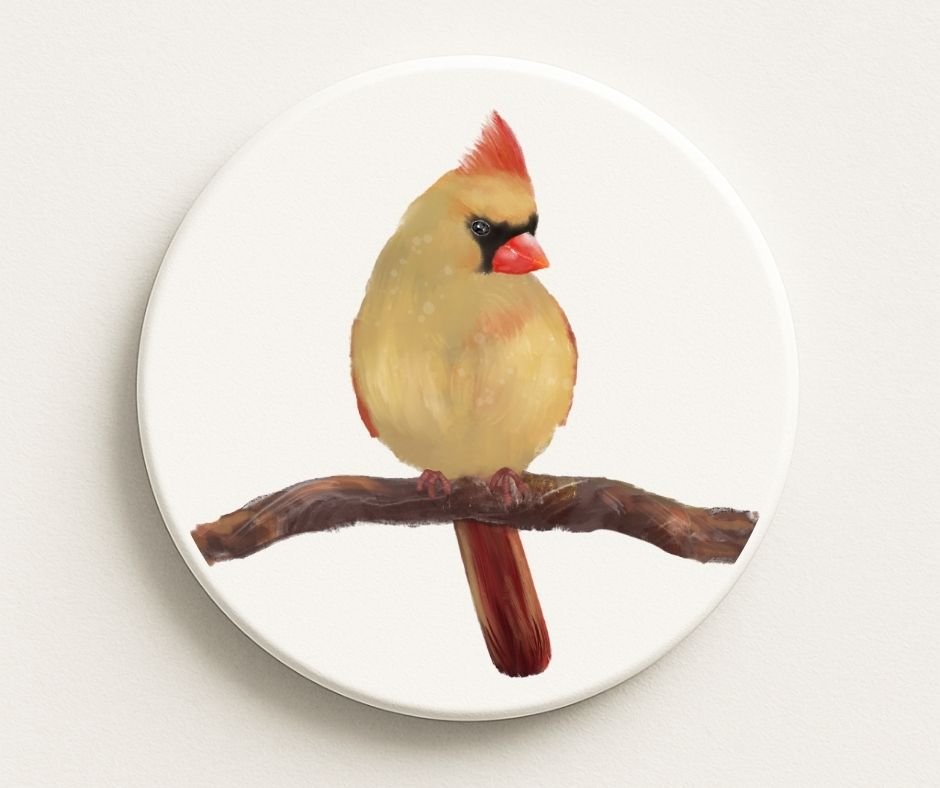 Female Northern Cardinal Ceramic Coaster - MerikaArt