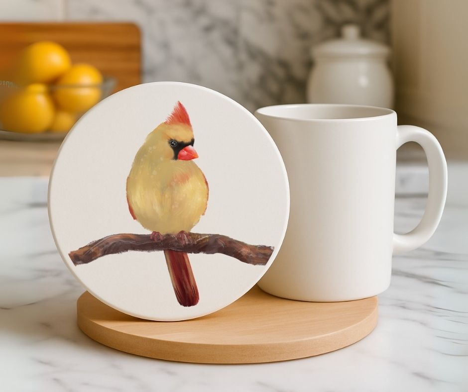 Female Northern Cardinal Ceramic Coaster - MerikaArt