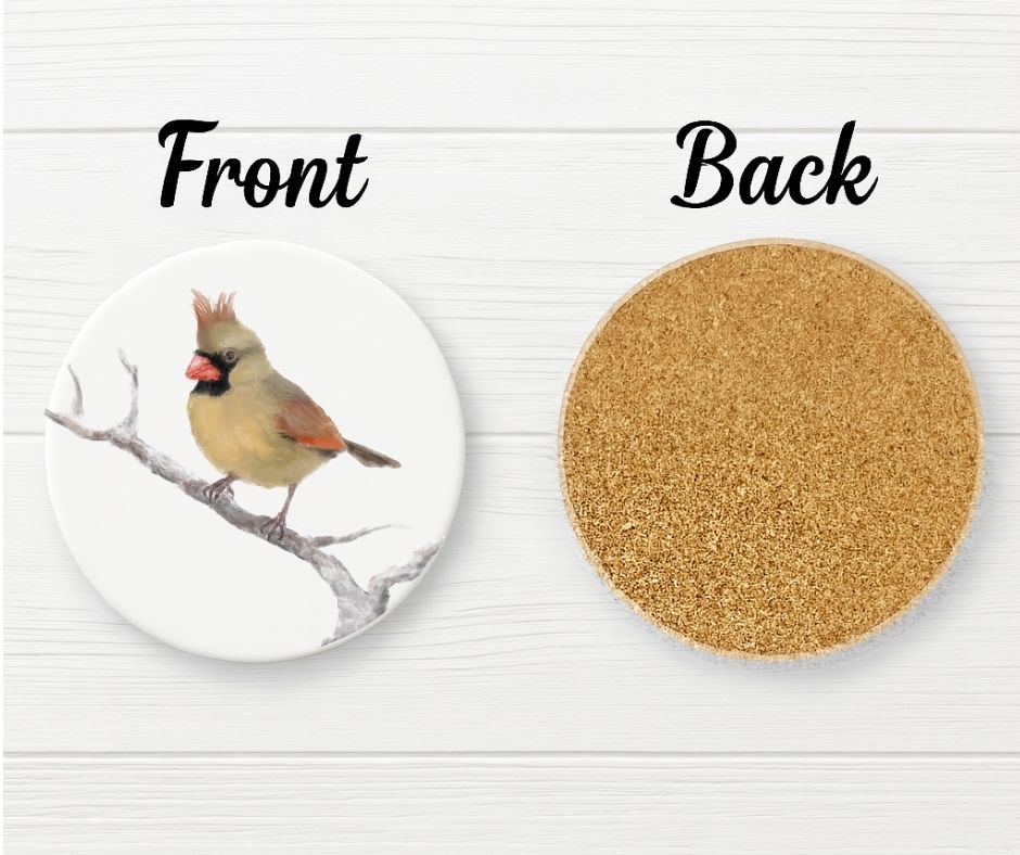 Female Northern Cardinal Ceramic Coaster - MerikaArt
