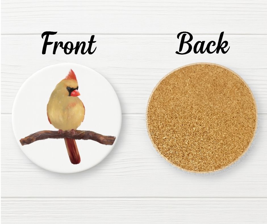Female Northern Cardinal Ceramic Coaster - MerikaArt