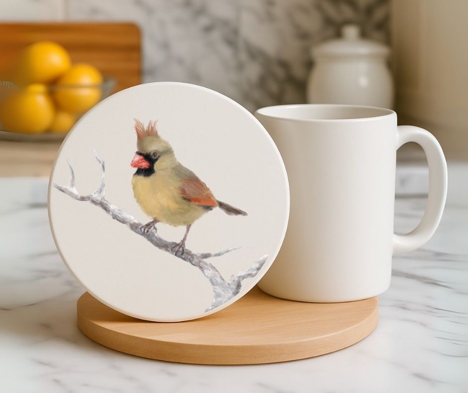 Female Northern Cardinal Ceramic Coaster - MerikaArt