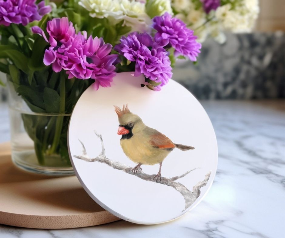 Female Northern Cardinal Ceramic Coaster - MerikaArt