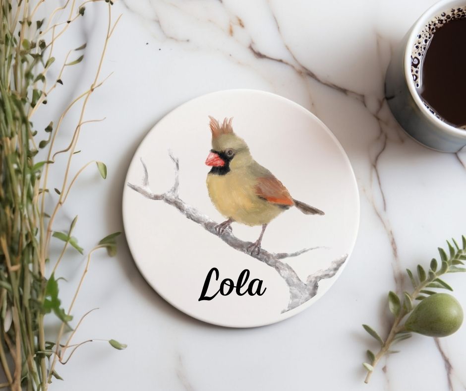 Female Northern Cardinal Ceramic Coaster - MerikaArt