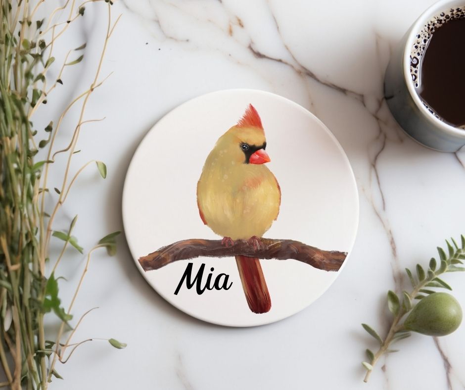 Female Northern Cardinal Ceramic Coaster - MerikaArt