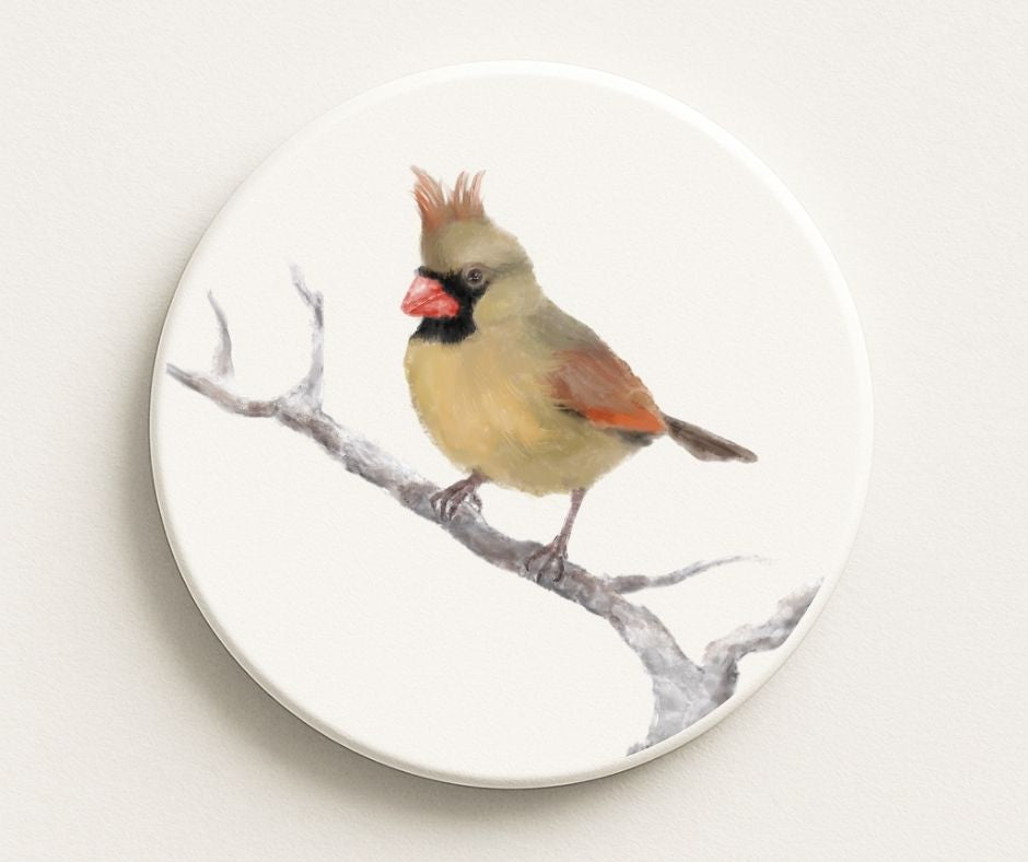 Female Northern Cardinal Ceramic Coaster - MerikaArt