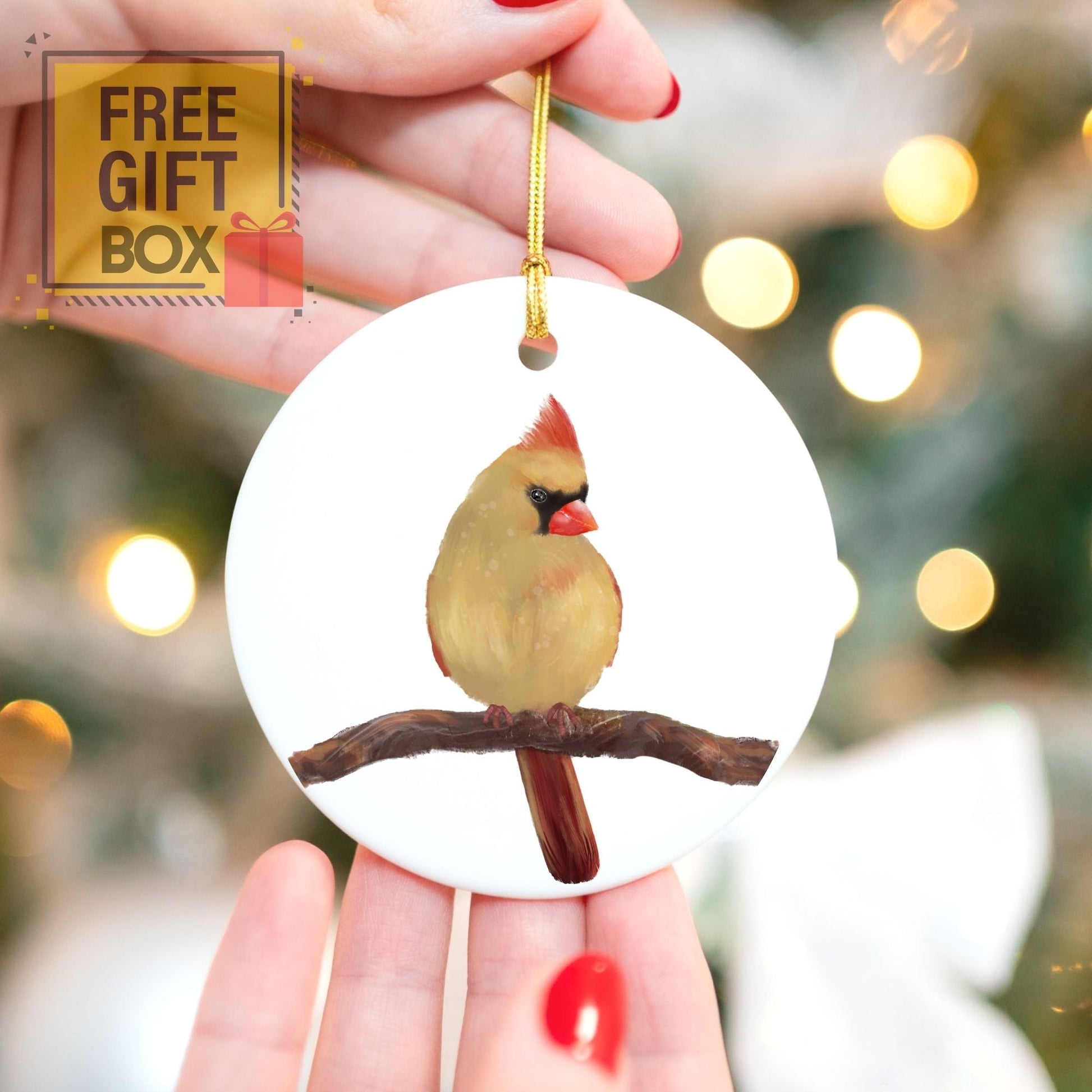 Female Northern Cardinal Ceramic Ornament - MerikaArt