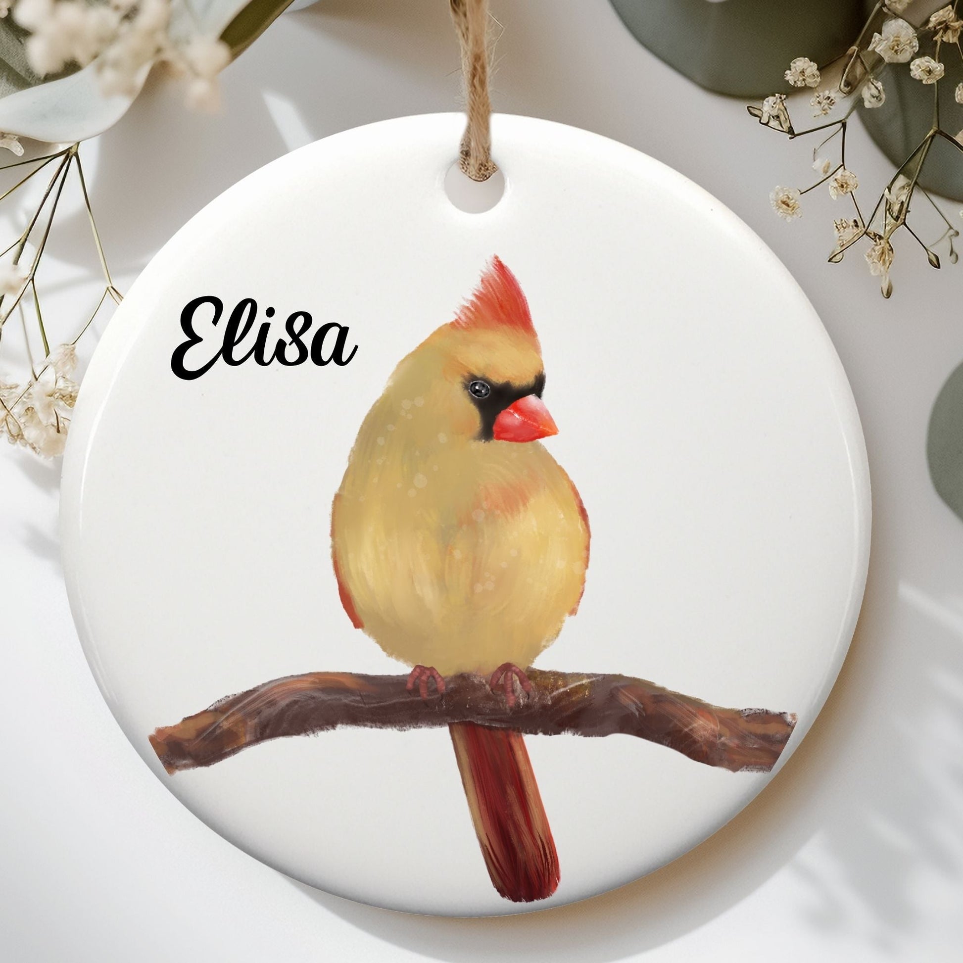 Female Northern Cardinal Ceramic Ornament - MerikaArt