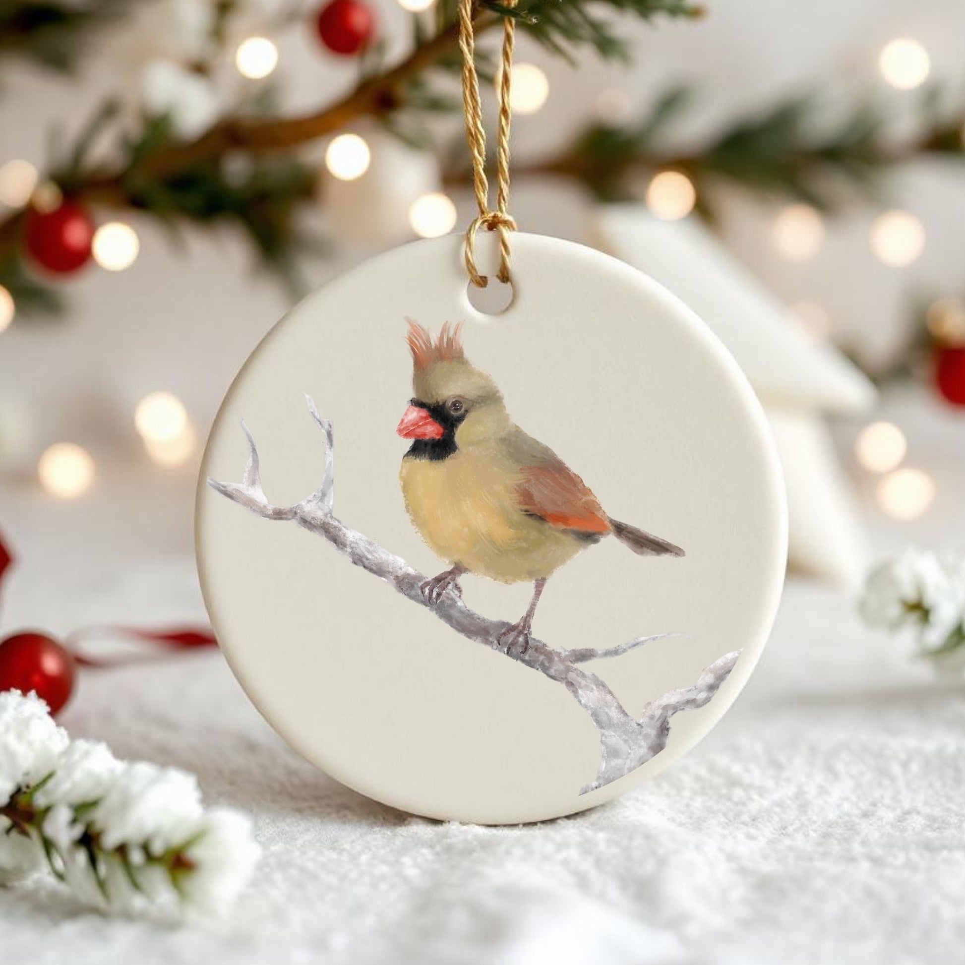Female Northern Cardinal Ceramic Ornament - MerikaArt