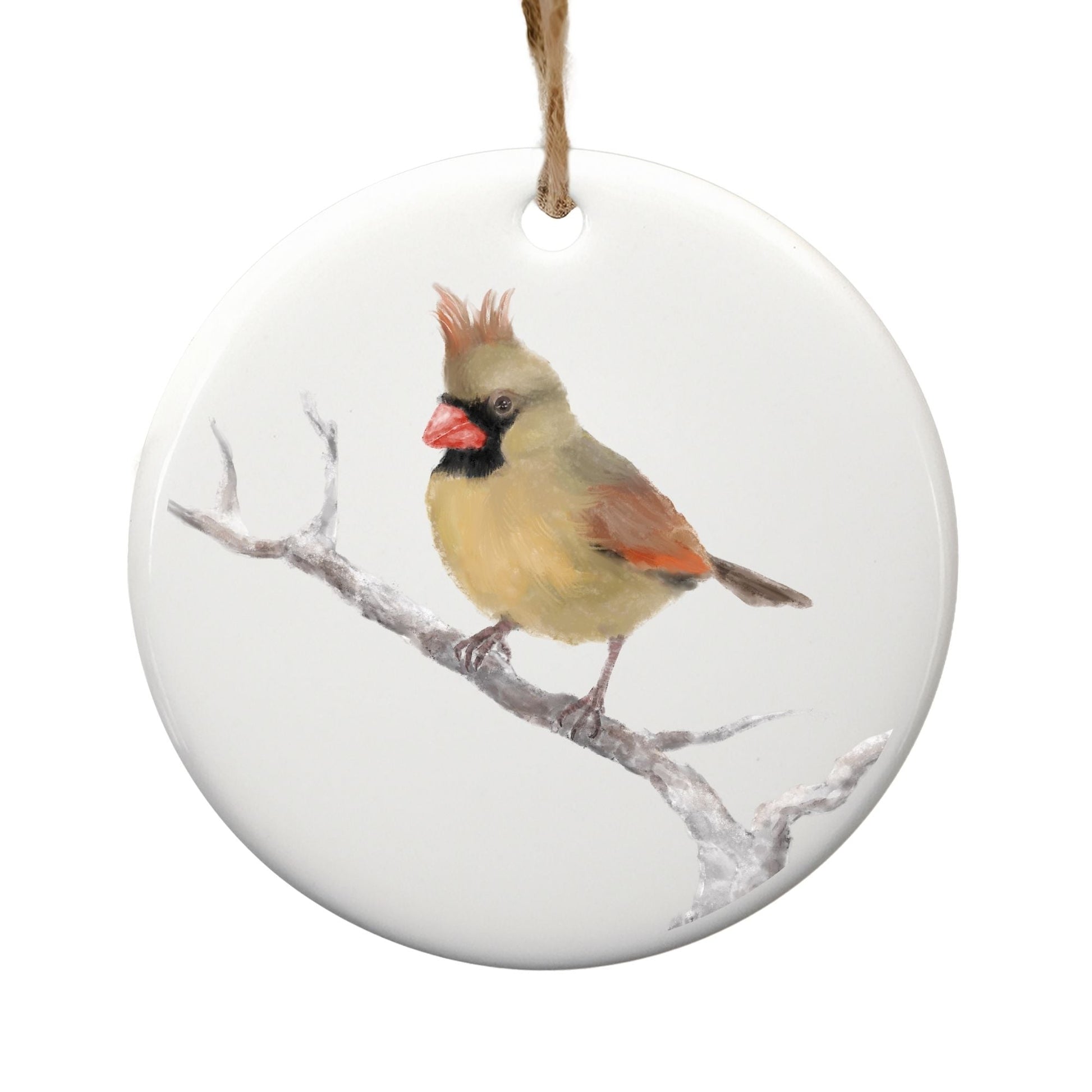 Female Northern Cardinal Ceramic Ornament - MerikaArt