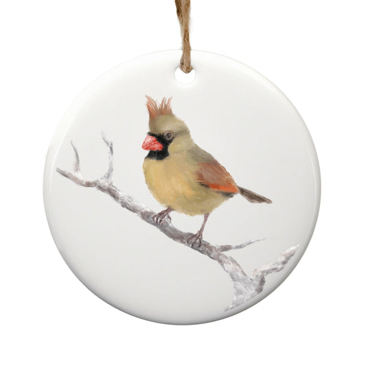 Female Northern Cardinal Ceramic Ornament - MerikaArt