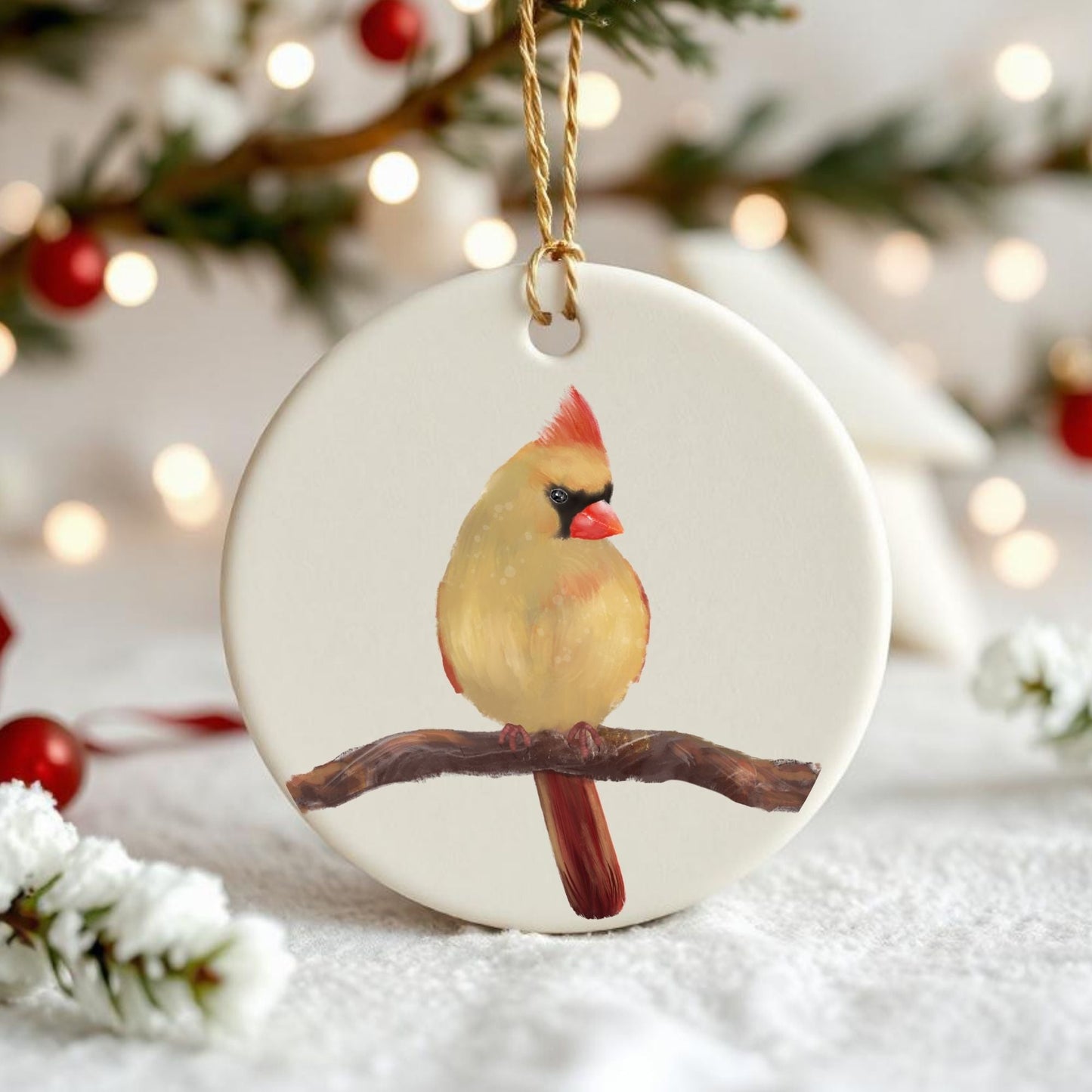 Female Northern Cardinal Ceramic Ornament - MerikaArt