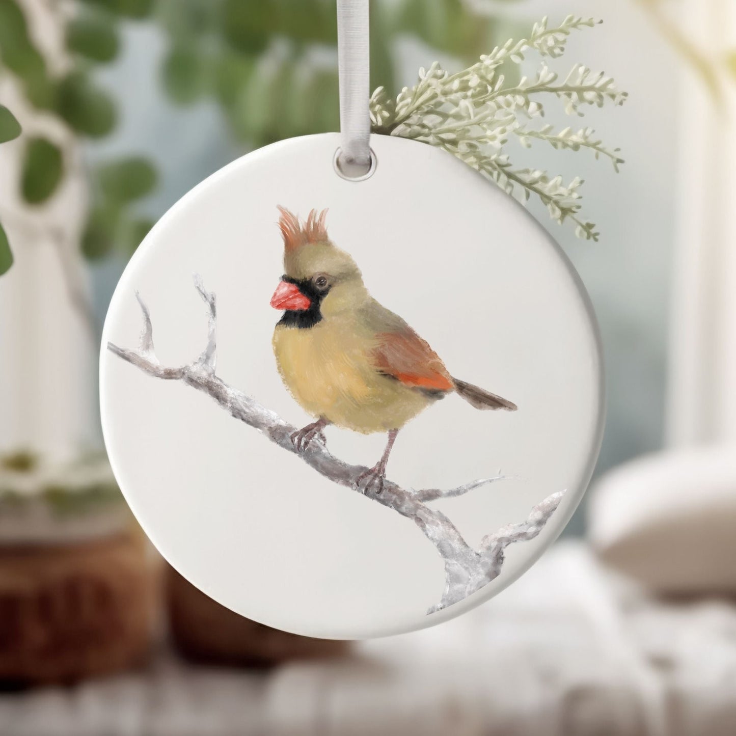 Female Northern Cardinal Ceramic Ornament - MerikaArt