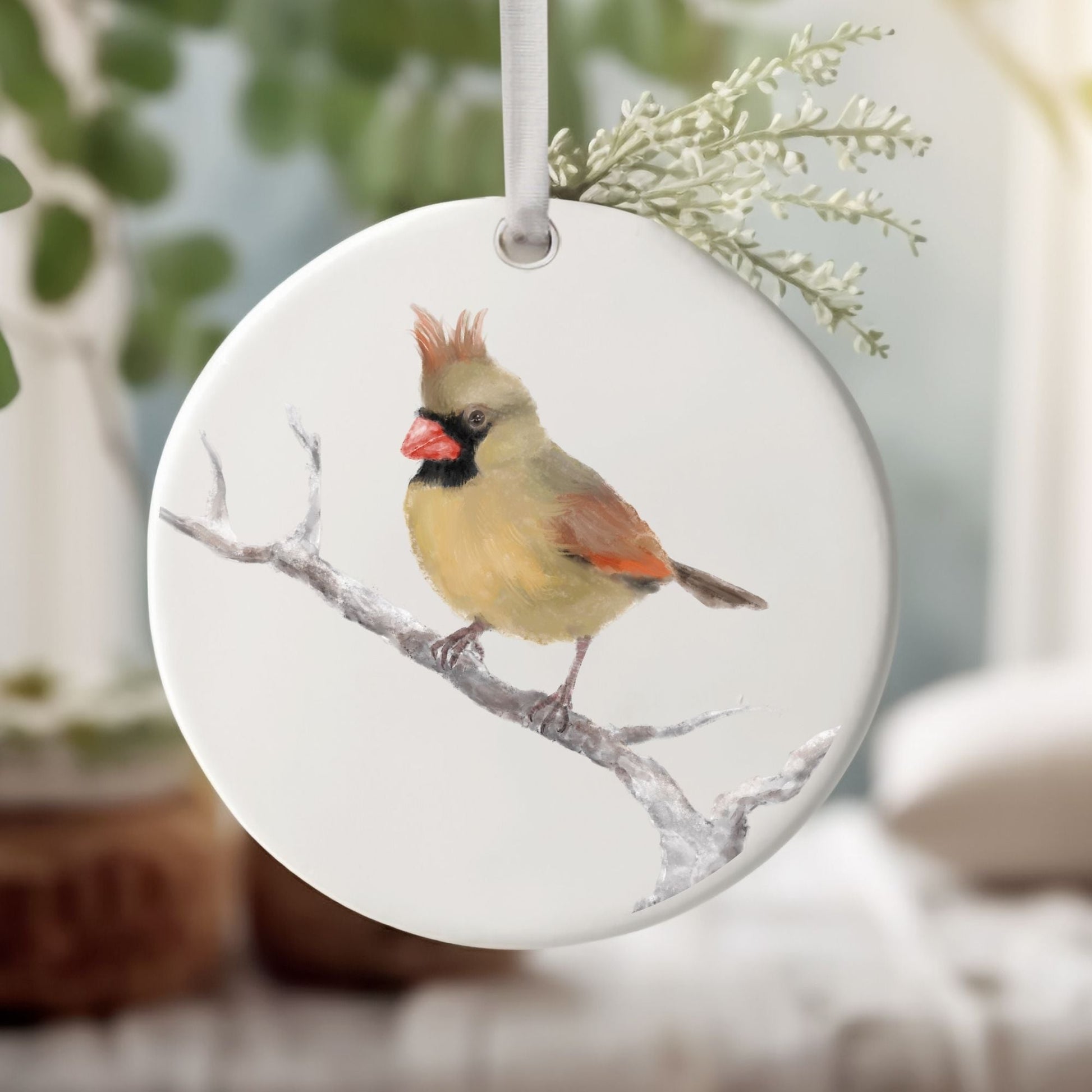 Female Northern Cardinal Ceramic Ornament - MerikaArt