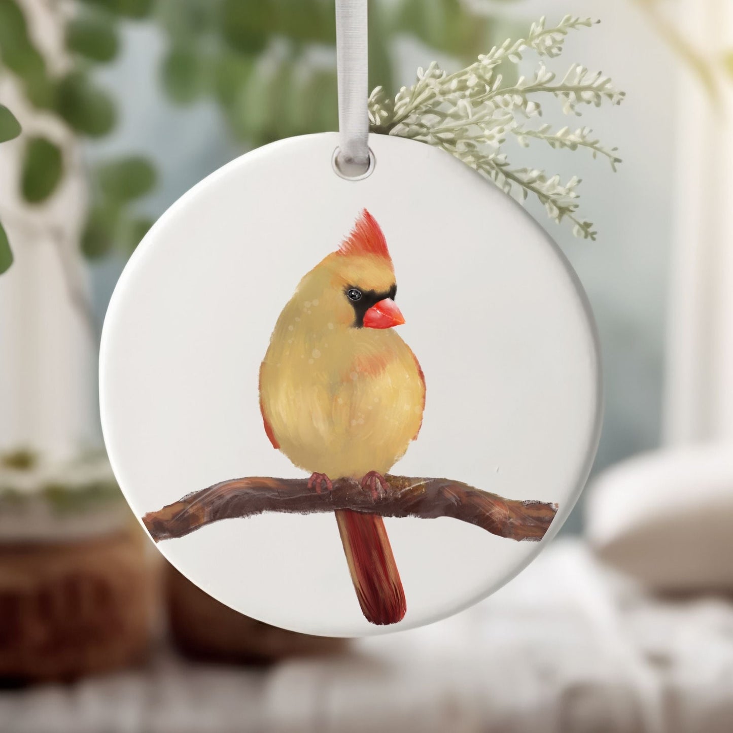 Female Northern Cardinal Ceramic Ornament - MerikaArt
