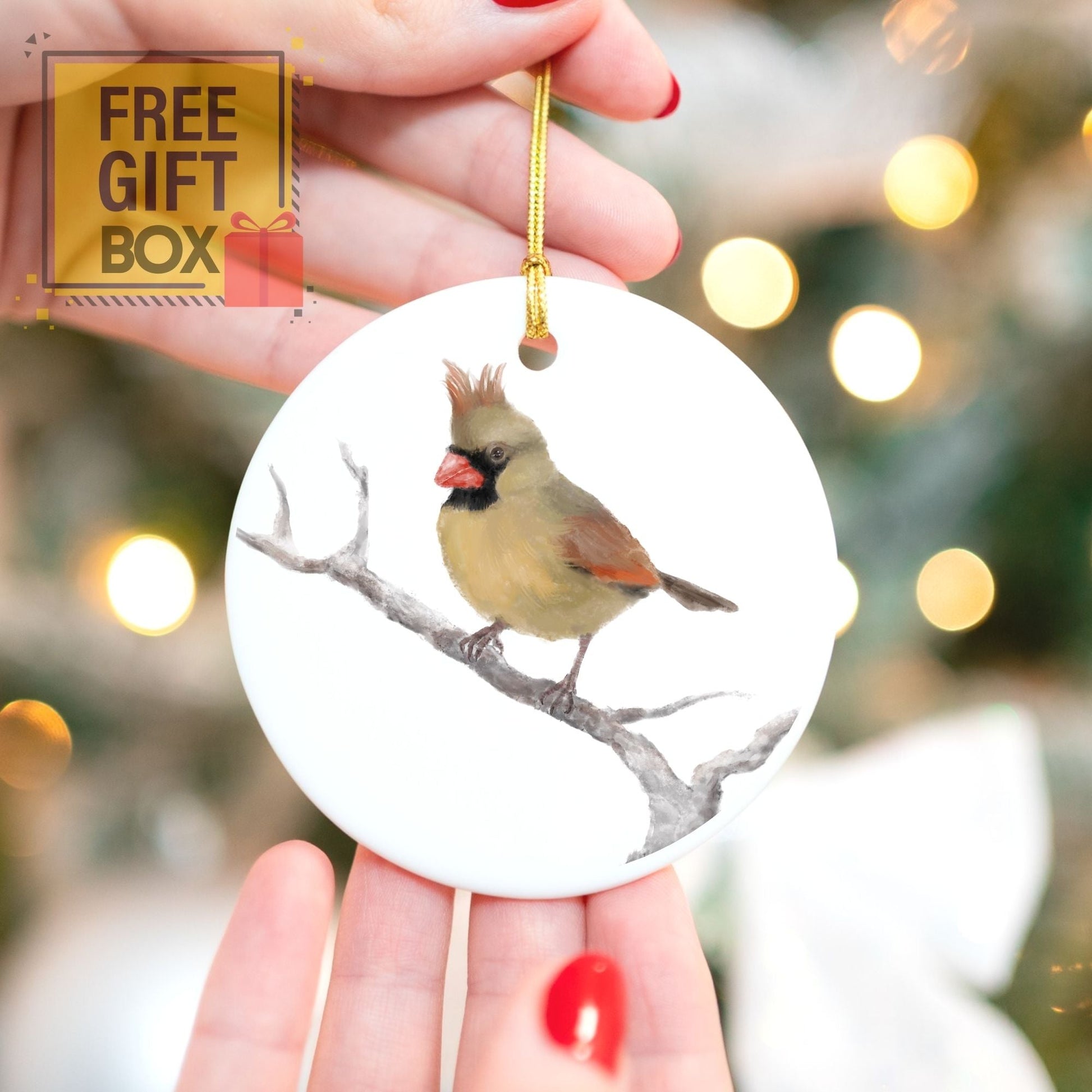 Female Northern Cardinal Ceramic Ornament - MerikaArt