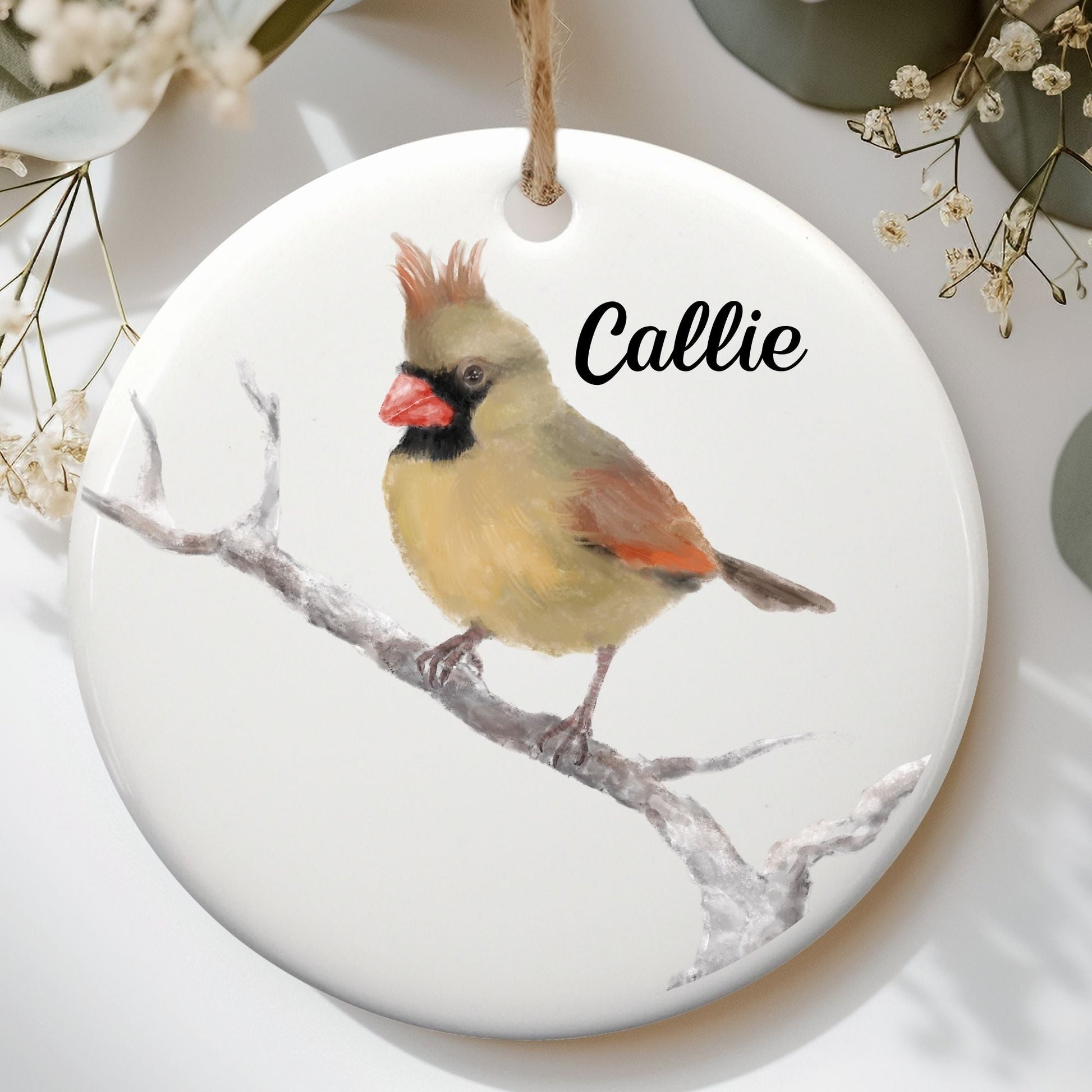 Female Northern Cardinal Ceramic Ornament - MerikaArt