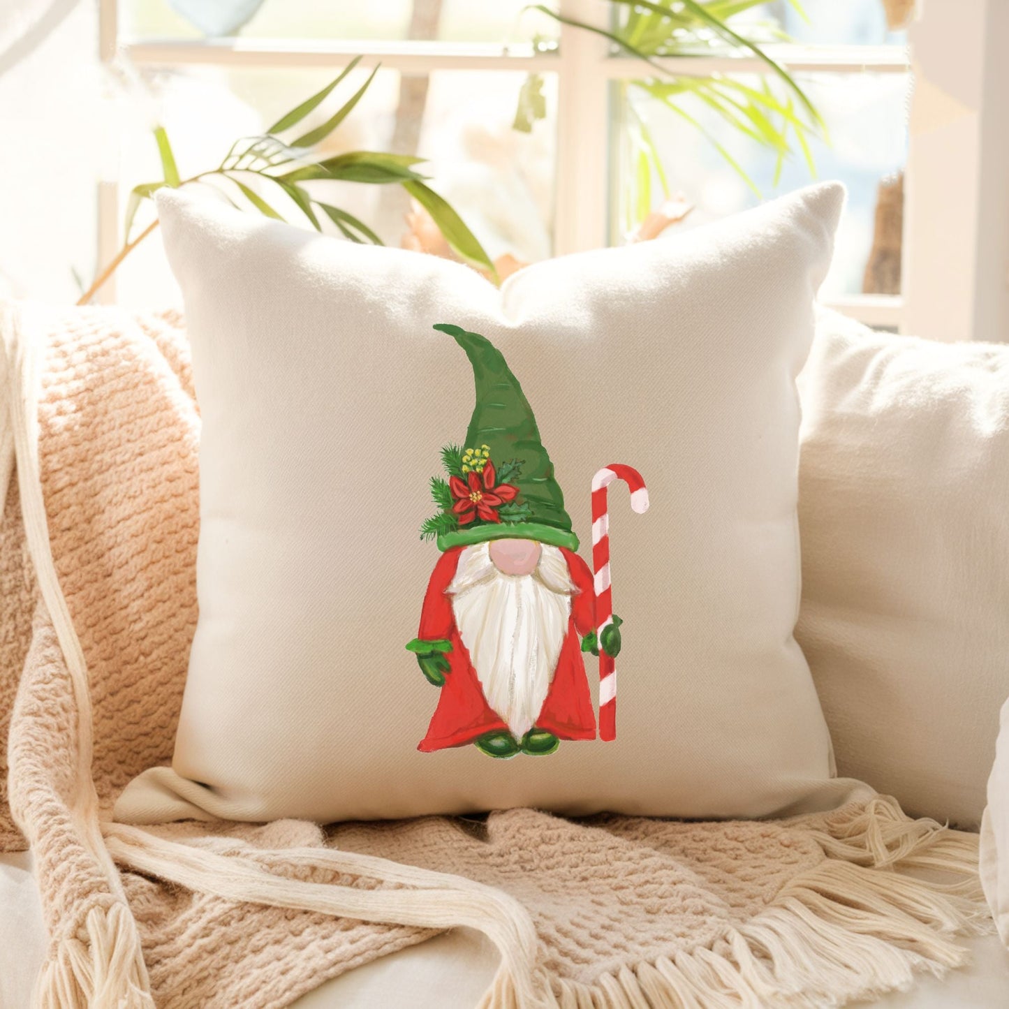 Festive Christmas Gnome Pillow - Whimsical Holiday Home Decor - MerikaArt