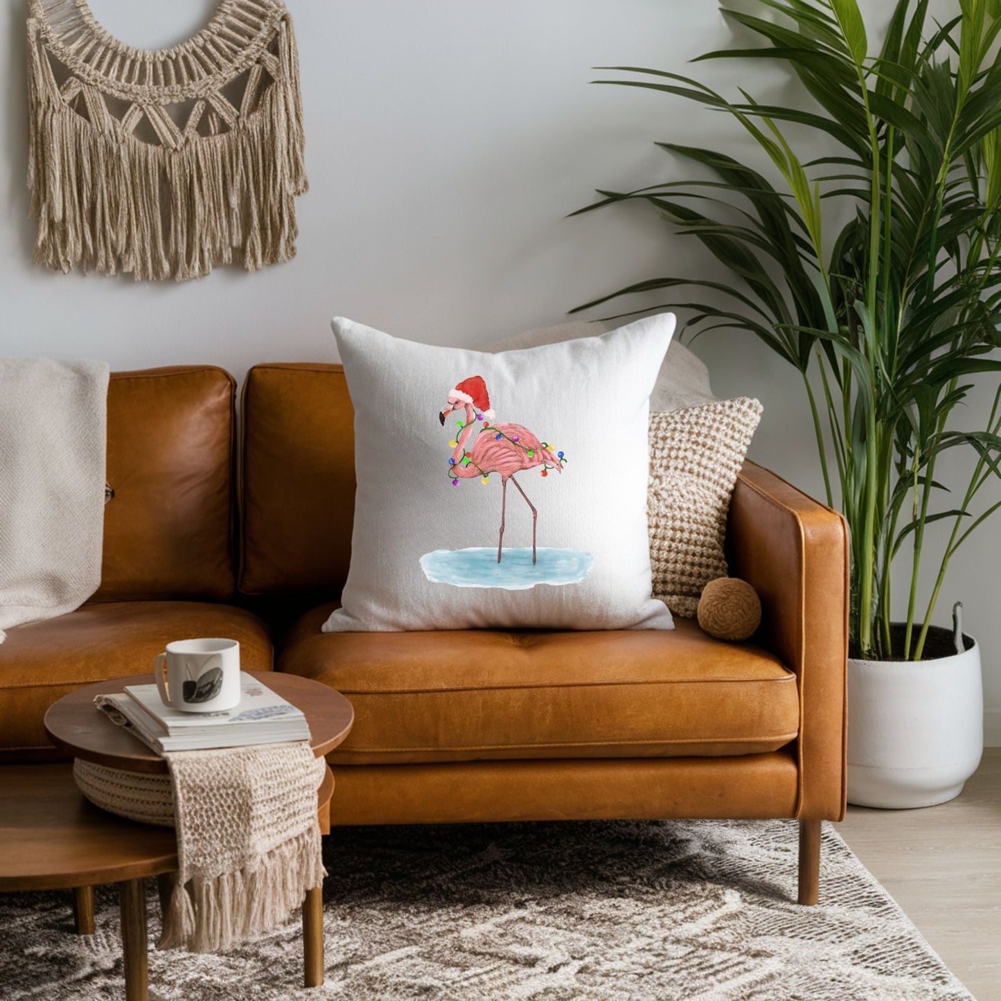 Festive Flamingo Pillow - Whimsical Christmas Home Decor - MerikaArt