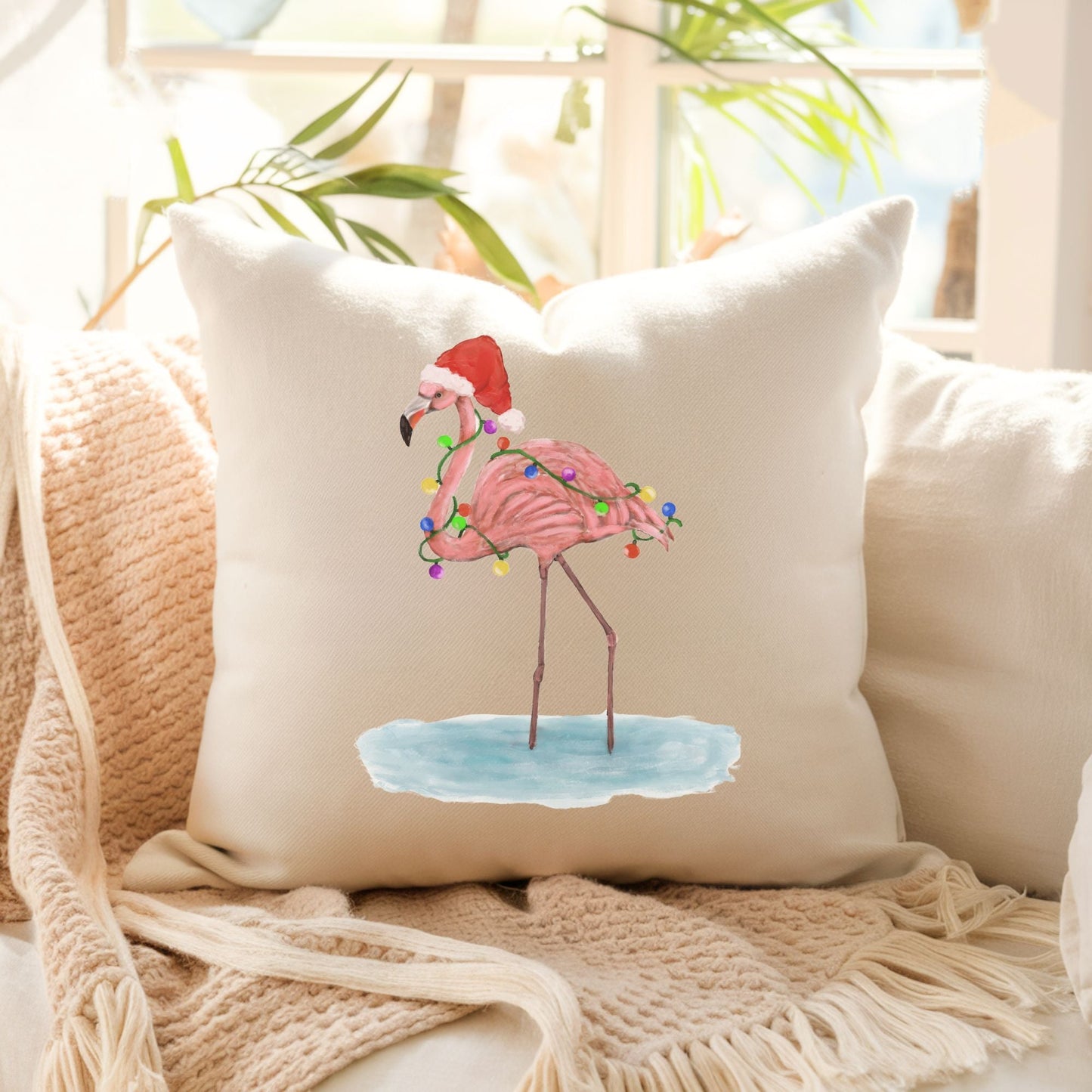 Festive Flamingo Pillow - Whimsical Christmas Home Decor - MerikaArt