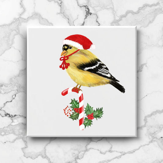 Festive Goldfinch Ceramic Tile – Christmas Holiday Decor - MerikaArt